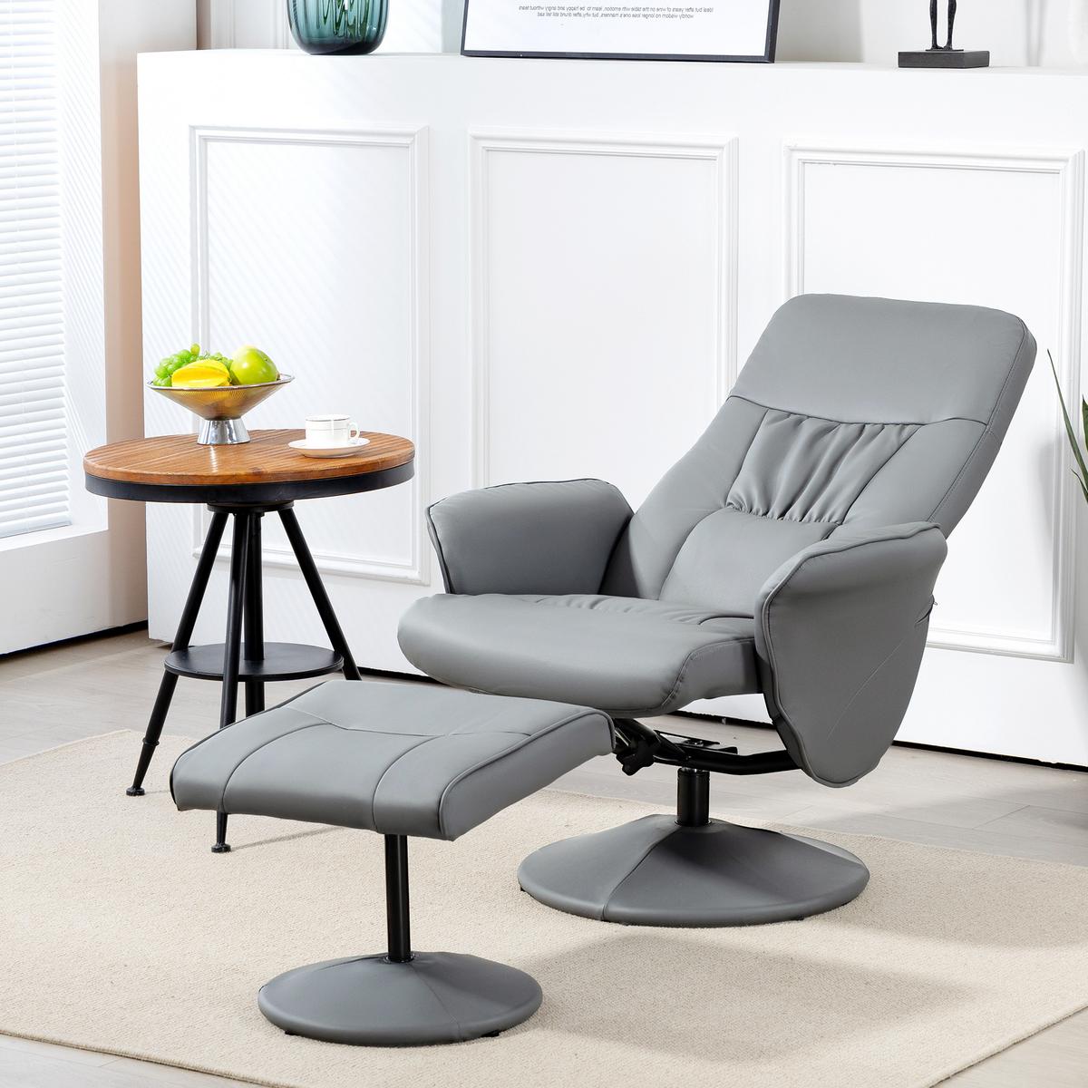 RELAXSESSEL mit Hocker, Fernsehsessel, TV Sessel mit Liegefunktion, Kunstleder - Hellgrau/Grau, Kunststoff/Metall (76/101/81cm) - HOMCOM