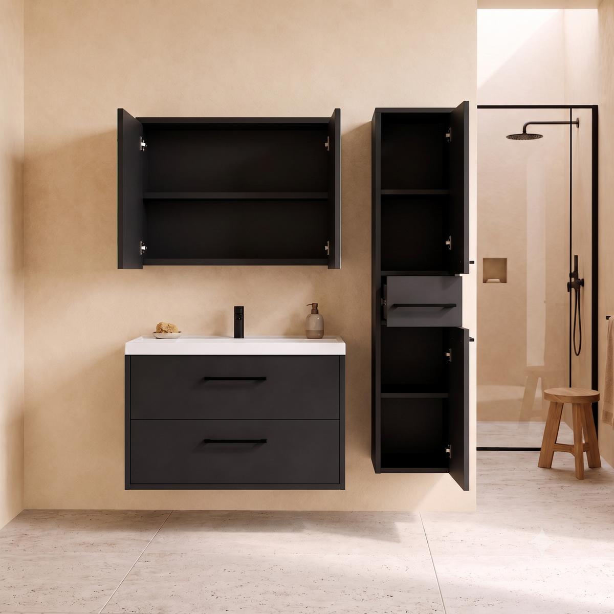 BADMÖBEL-SET Florence 3 Teile Matt Schwarz - 80 x 35 x 51 cm - Schwarz, Holz (80/51/35cm) - Badplaats