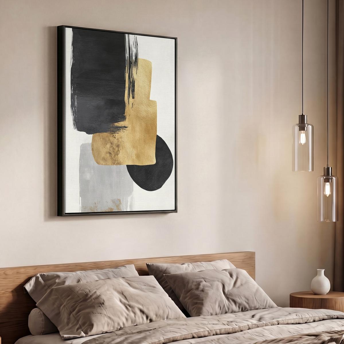 LEINWAND Bilder mit Rahmen - Gold - Rechtecke - Kreise - Abstrakt - 70x100 - Weiß, Textil (70/100cm) - MuchoWow