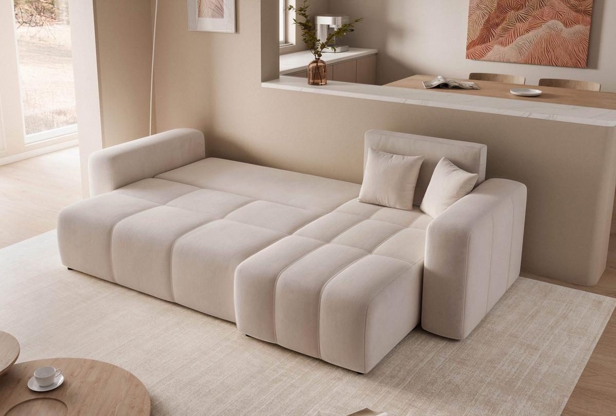 ECKSOFA Beige Velours mit Bettkasten und Schlaffunktion - Beige, Textil (248/145cm) - Idohome