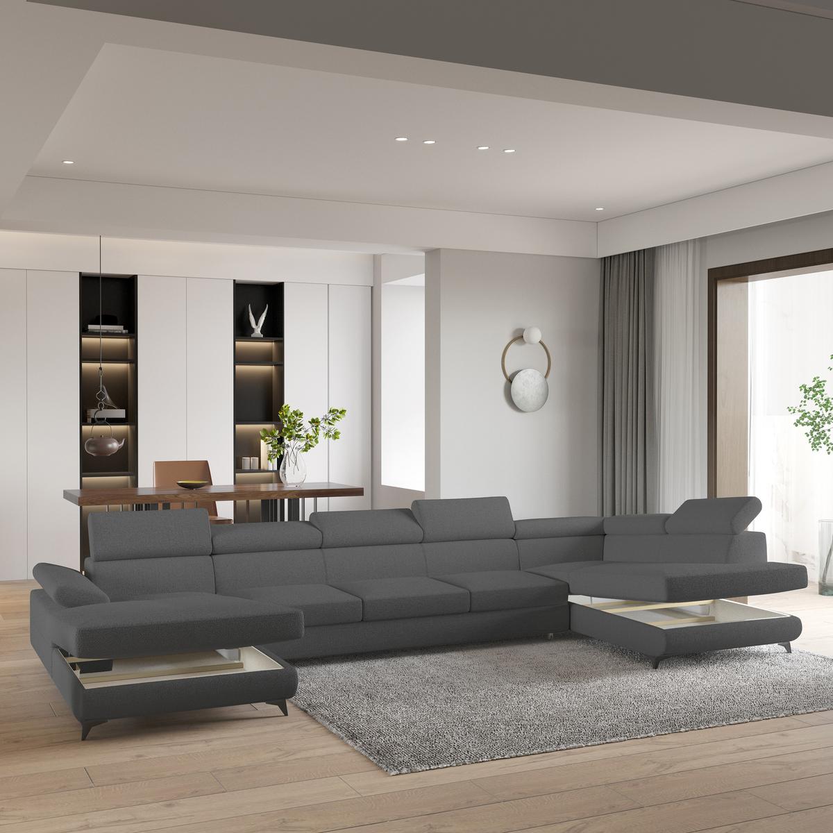 WOHNLANDSCHAFT MONTIVA Grau Boucle-Stoff mit Schlaffunktion - Grau, Holz (410/89/190cm) - MASSENO