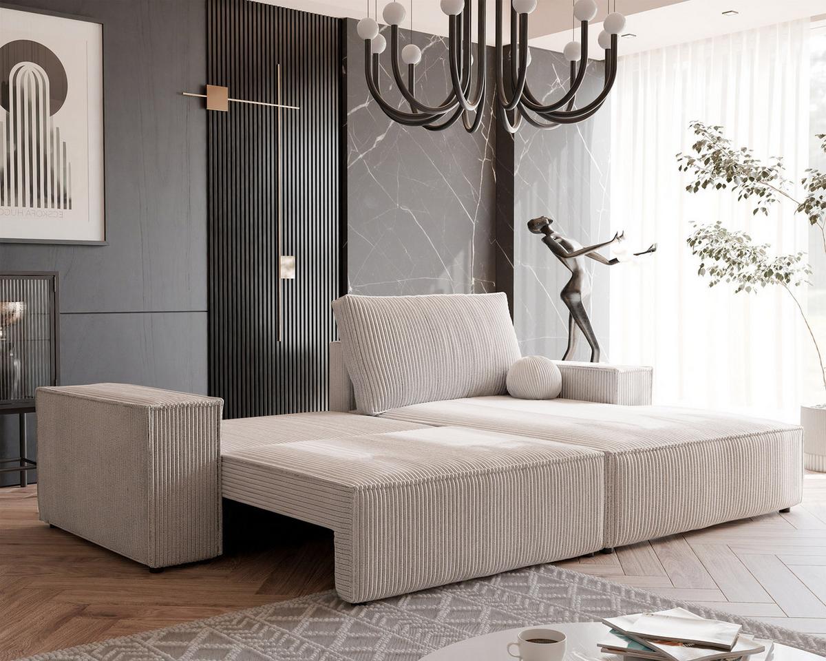 ECKSOFA HUGO Rechts, mit Schlaffunktion und Bettkasten, Creme - Creme, Textil (255/148cm) - Idohome