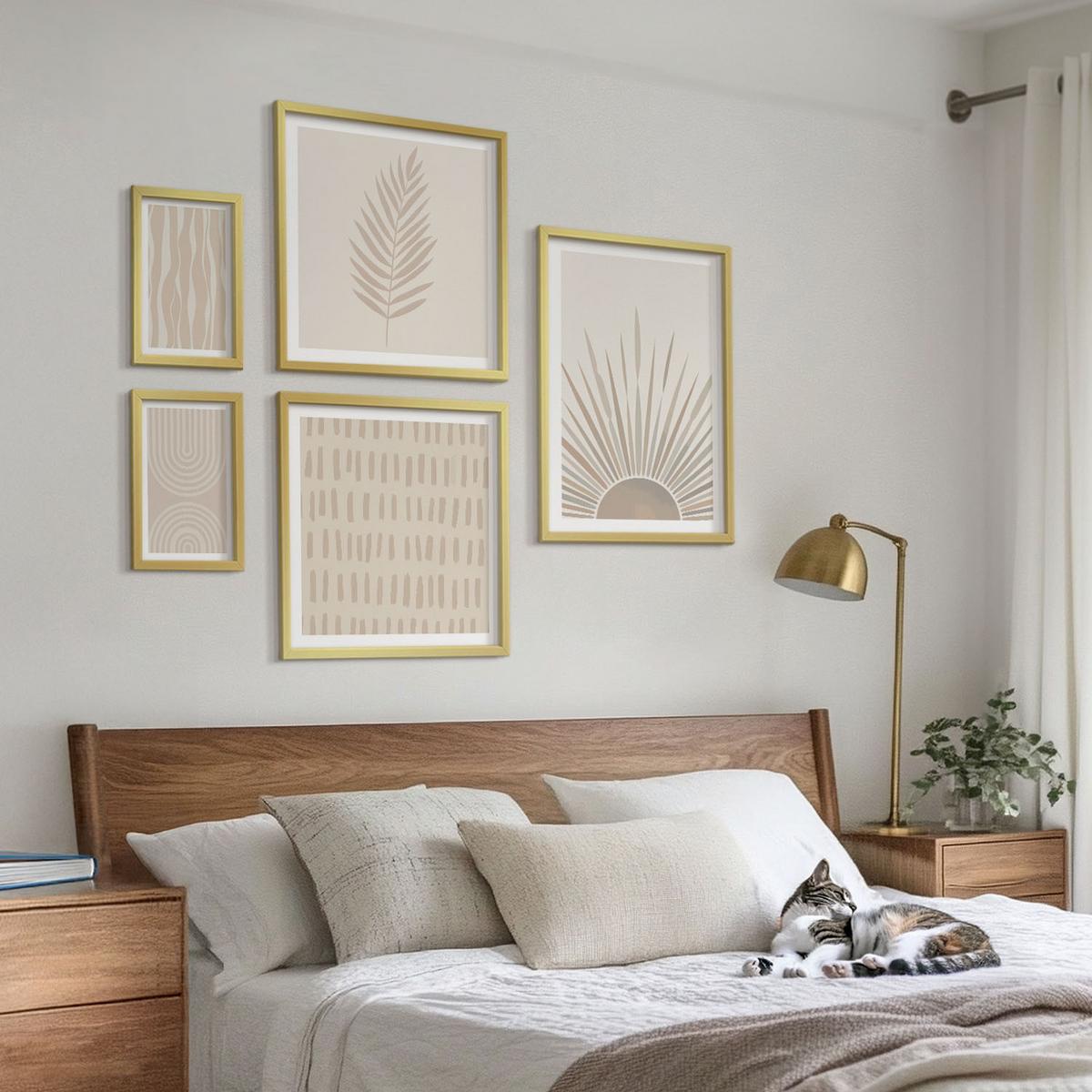 BILDER SET 5er Set - 50x50 cm & 20x30 cm & 40x60 cm Goldrahmen - Beige Pflanzenmuster - Goldfarben, Kunststoff (40/60cm) - TULUP