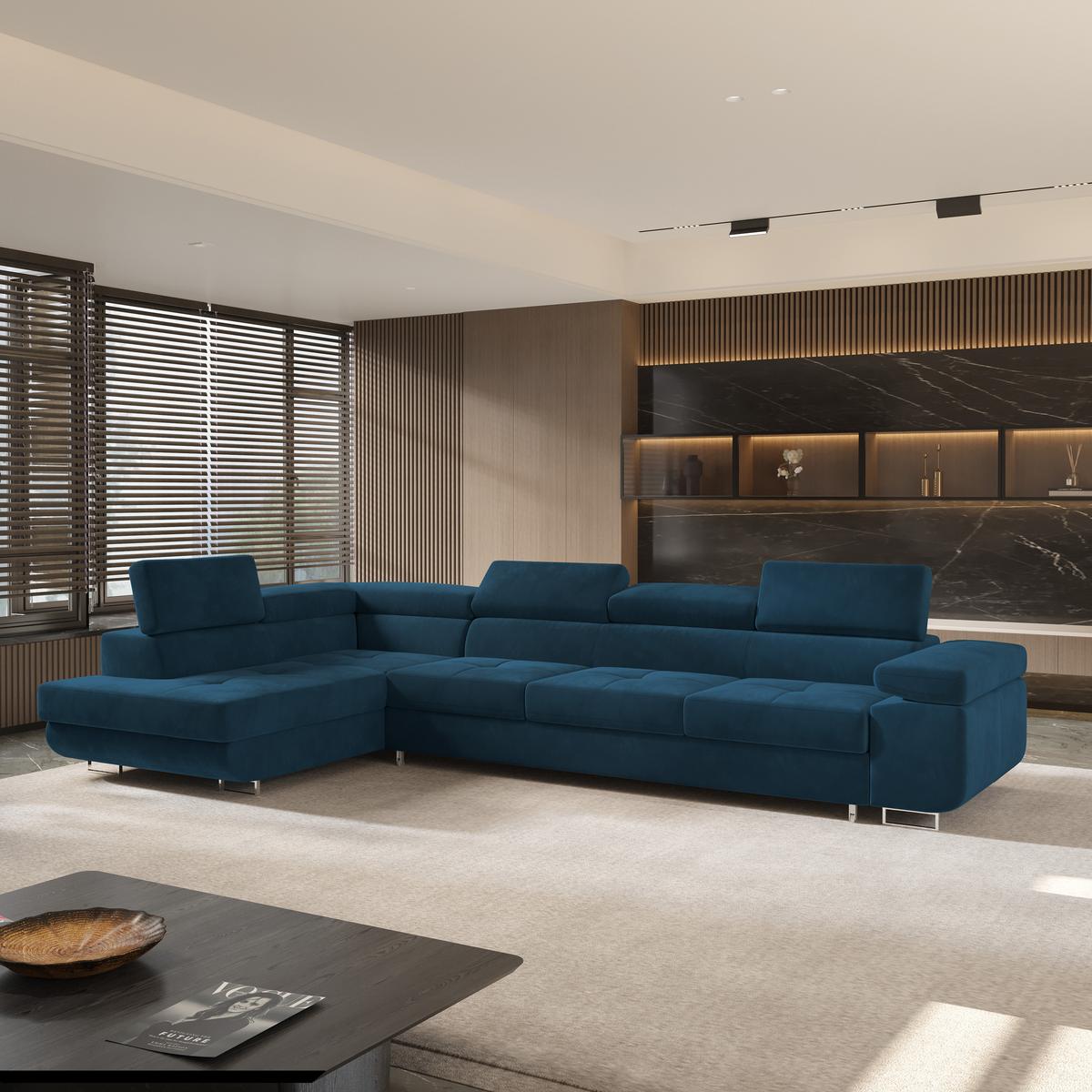 ECKSOFA VICENTE Blau Velours-Stoff mit Schlaffunktion - Blau, Holz (346/202cm) - MASSENO