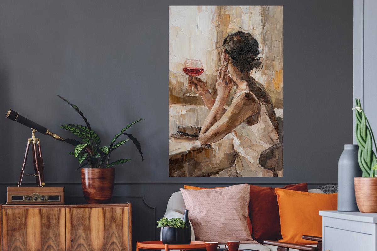 WANDTATTOO Ölgemälde - Frau - Wein Wandaufkleber 80x120 cm - Hellbraun, Kunststoff (80/120/0.1cm) - MuchoWow