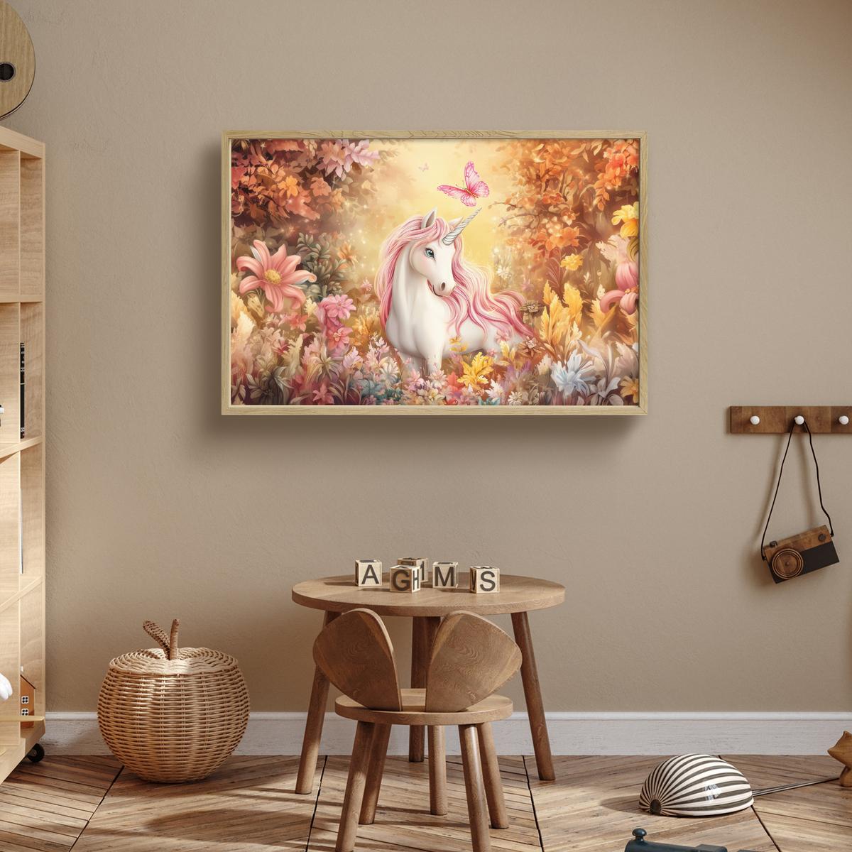 WANDLEUCHTE MIT AKKU Einhorn - Blumen - Schmetterling - Rosa 100x70 cm - Beige, Holzwerkstoff (100/70/8cm) - OnlyWow