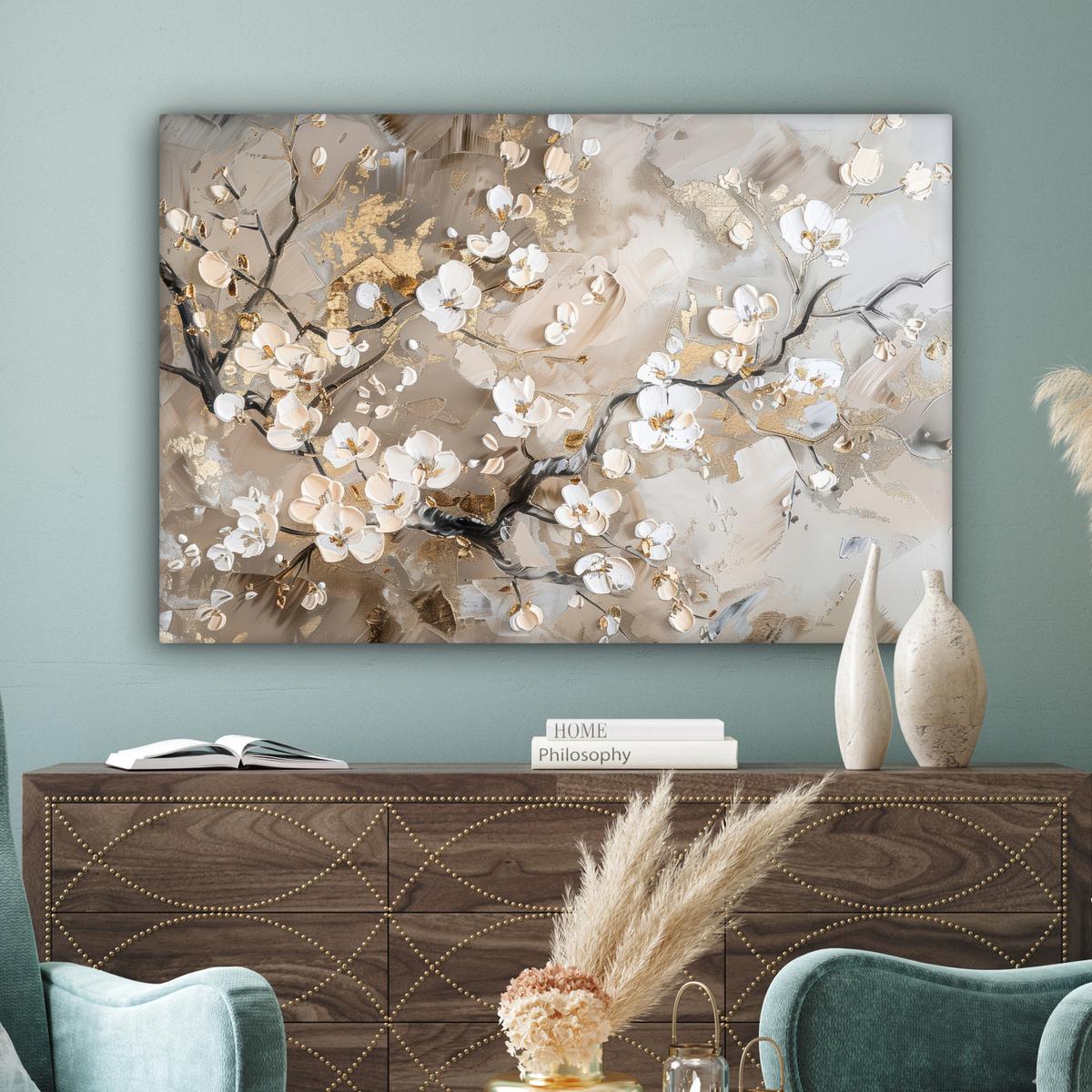 LEINWANDBILD Blumen - Weiß - Gold - Beige - Luxus Wohnzimmer Groß 120x80 cm - Greige, Textil (120/80cm) - MuchoWow