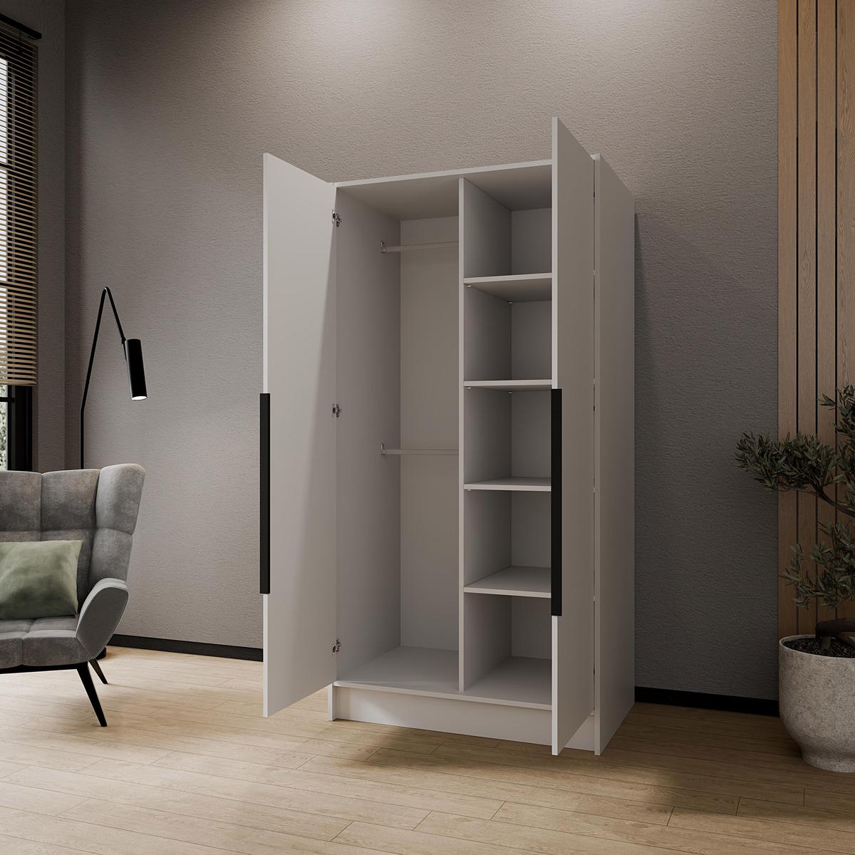 DREHTÜRENSCHRANK Laro mit Spiegel, Weiß mit mit schwarzen Griffen, 100 cm - Weiß, Holzwerkstoff (100/200/51cm) - Beautysofa