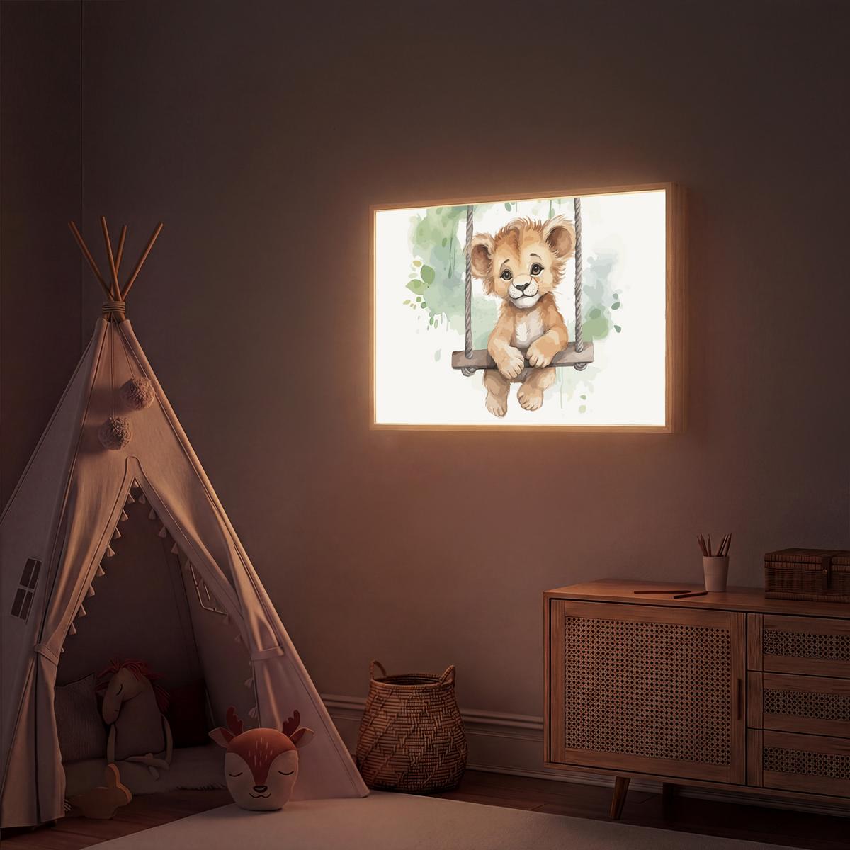 WANDLEUCHTE MIT AKKU Löwe - Tier - Kinder - Dschungel 90x60 cm - Weiß, Holzwerkstoff (90/60/8cm) - OnlyWow