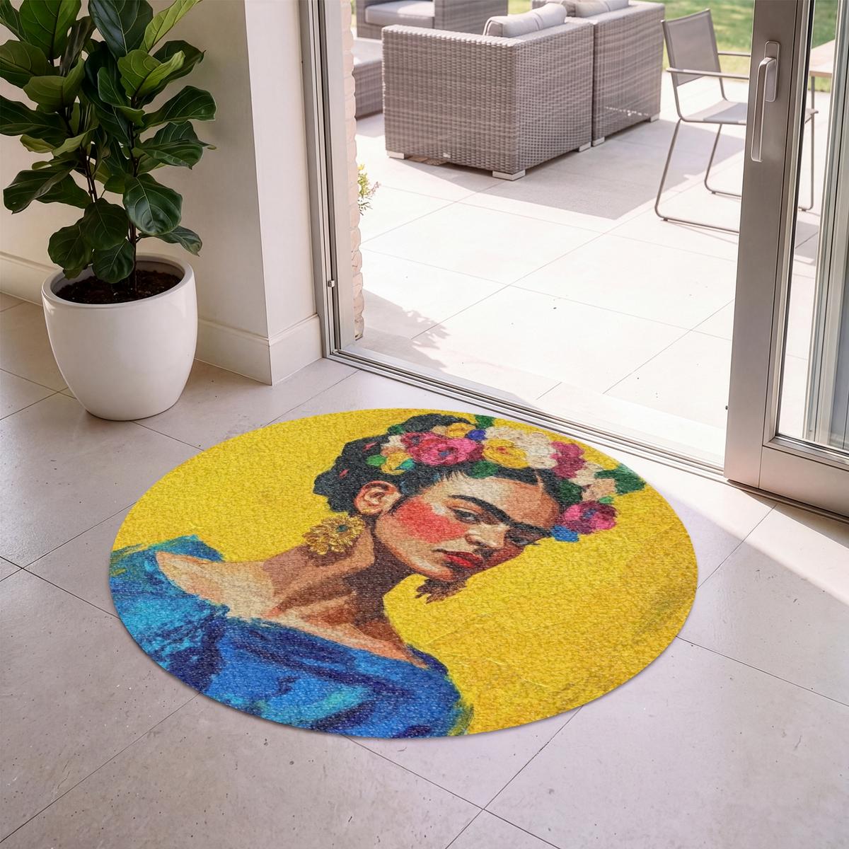 FUSSMATTE Frida Kahlo - Frau - Gelb - Blau - Blumen Schmutzfangmatte 120x120 cm - Gelb, Kunststoff (120/0.4cm) - MuchoWow