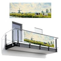 BALKON-SICHTSCHUTZ Kühe - Windmühle - Wiese - Blau Balkon Deko 300x110 cm - Grün, Kunststoff (300/110cm) - MuchoWow