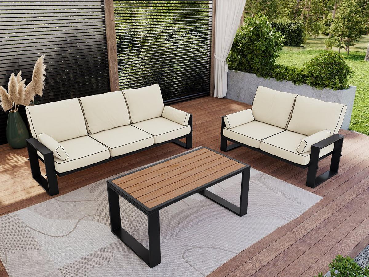 GARTENMÖBEL-SET ELBA: 1x Tisch, 2x Sofa - Beige - Beige, Textil - MKS
