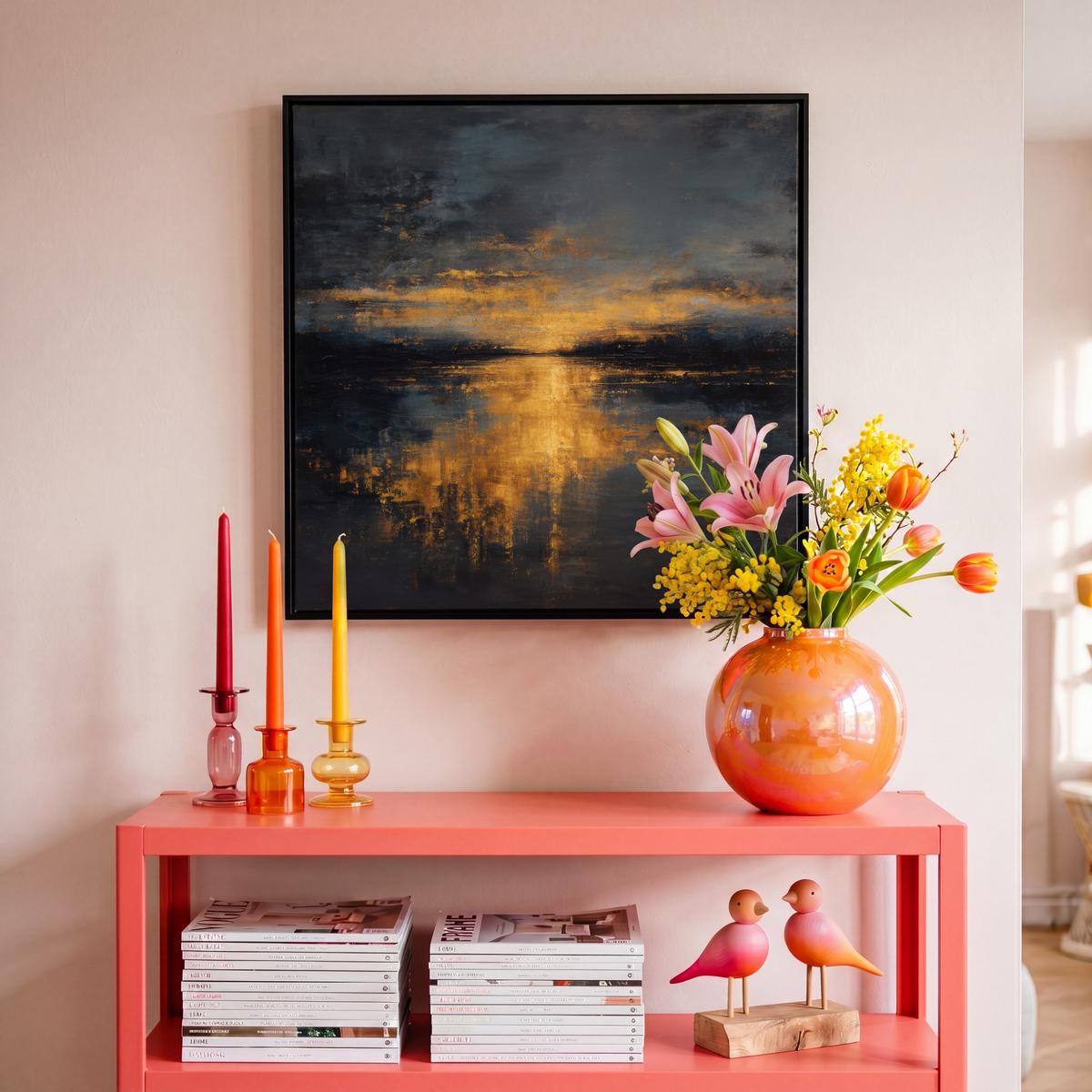 LEINWAND Bilder mit Rahmen - Goldene Reflexion auf dem Wasser - 50x50 - Anthrazit, Textil (50/50cm) - MuchoWow