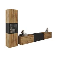 WOHNWAND Berlin I mit weißer LED Beleuchtung - Eiche Wotan/Schwarz, Holzwerkstoff/Kunststoff (180/30/33cm) - MIRJAN24