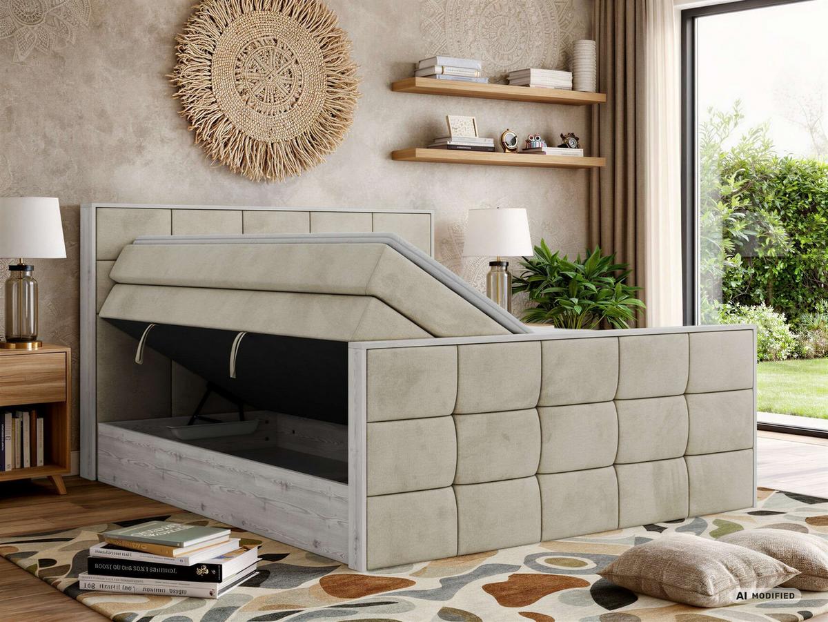 BOXSPRINGBETT ALNOR KING DUO 140/200 - Beige Velvet - Topper Visco - H3 - Beige/Schwarz, Kunststoff/Textil (140/200cm) - MKS
