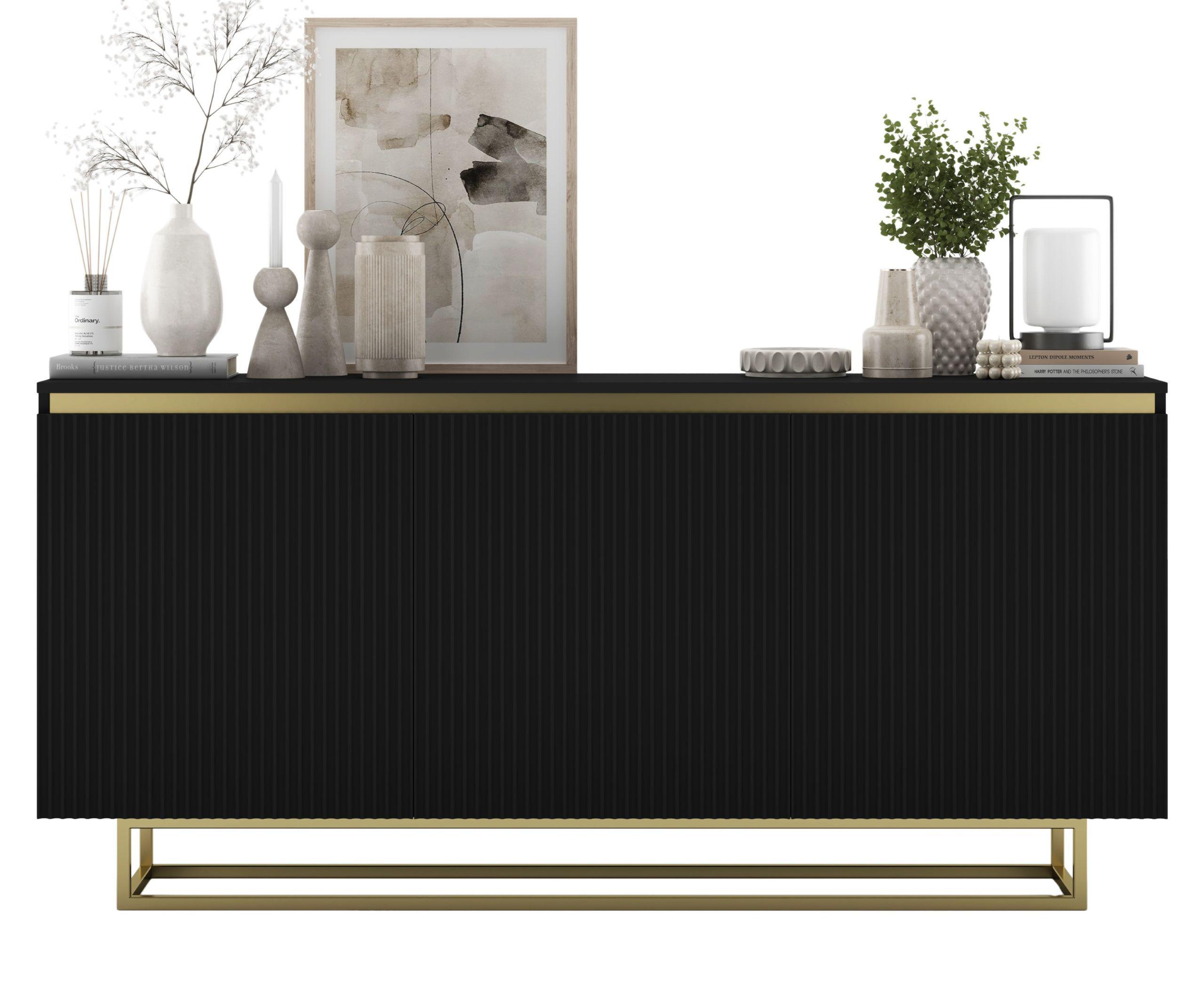 SIDEBOARD Selene 3D Schwarz Matt mit geriffelten Fronten Glamour 167 cm - Goldfarben/Schwarz, Holzwerkstoff/Metall (167/79/35cm) - Meble Lindner