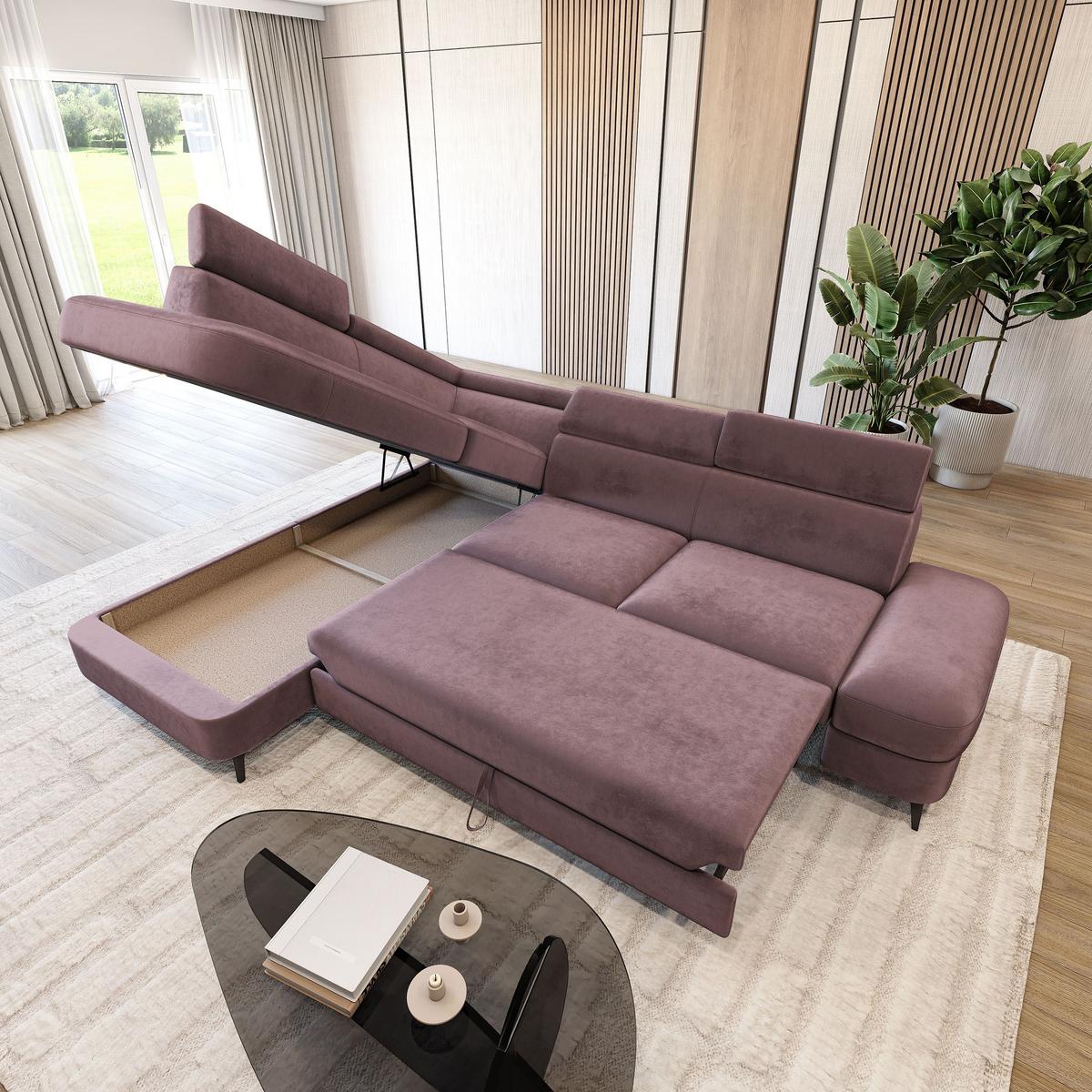 ECKSOFA AVISE M L-S Lila Velours-Stoff mit Schlaffunktion - Lila, Holzwerkstoff/Textil (268/195cm) - MASSENO