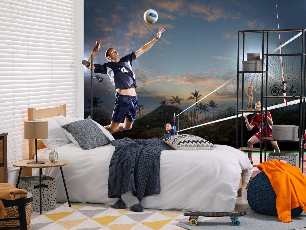 FOTOTAPETE für Jugendzimmer Volleyball Strand Tropen Match Spieler Palmen 300x210 - Rot/Schwarz, Papier (300/210cm) - Muralo