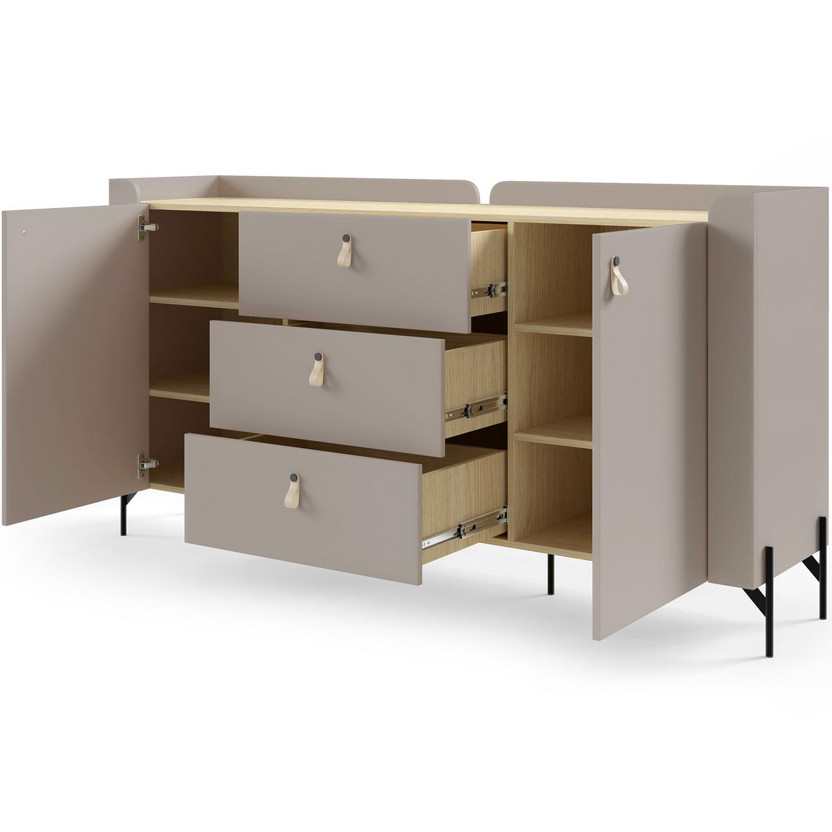 KOMMODE Sorella mit 2 Türen und 3 Schubladen, 180 cm, für Jugendzimmer, Porcini + Eiche Mavelie - Eichefarben/Cappuccino, Leder/Holzwerkstoff (180/95/42cm) - Beautysofa