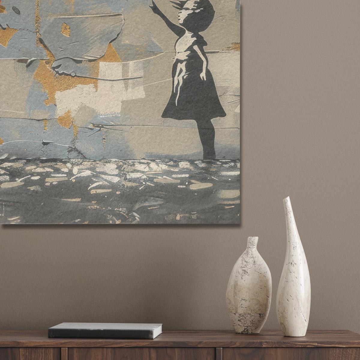 AKUSTIKBILD Baum - Graffiti - Banksy-Stil - Ballon-Mädchen Wandbilder 60x80 cm - Blaugrau, Kunststoff (60/80/0.9cm) - MuchoWow