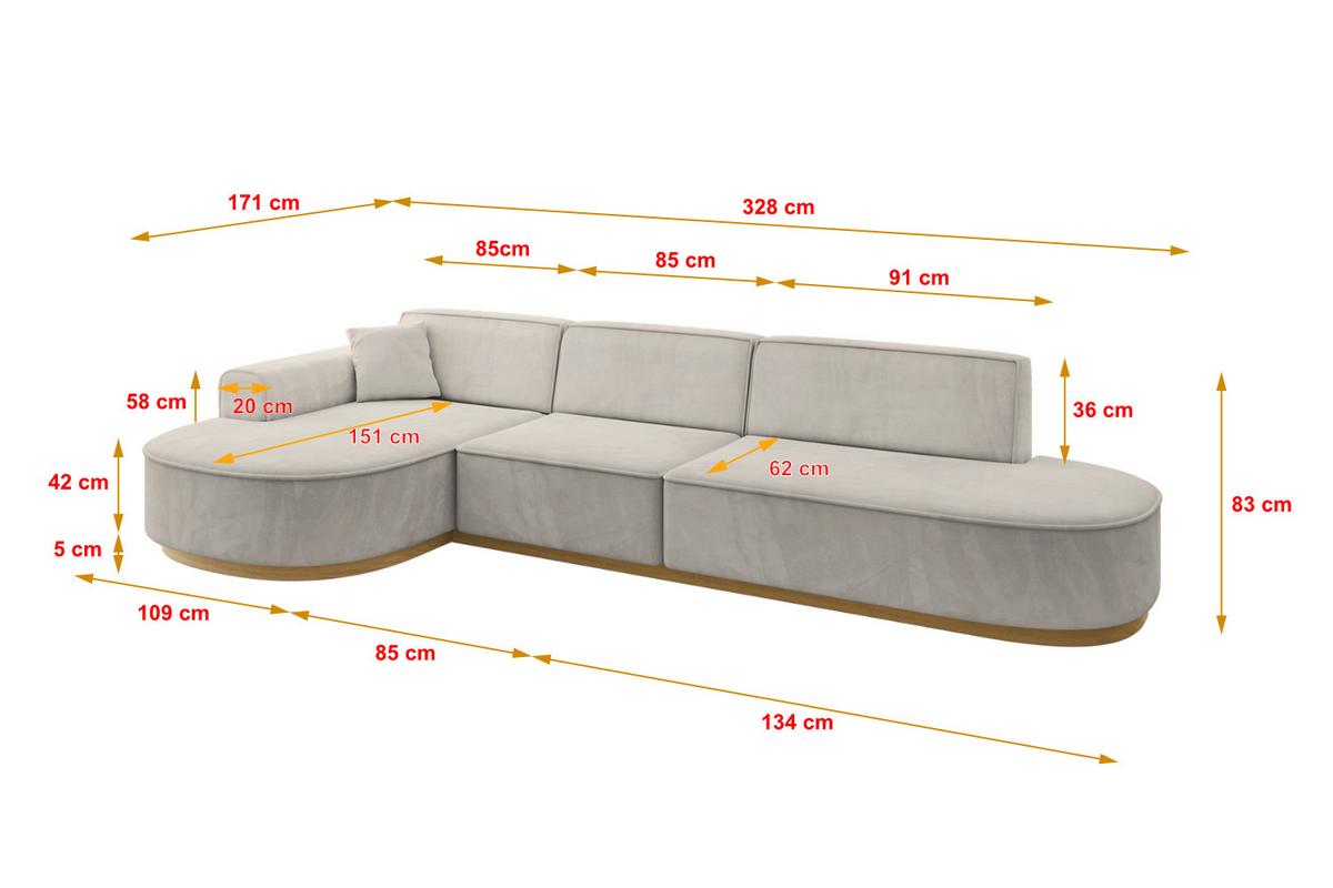 ECKSOFA Ottomane Links MARI-L2-v2 - 328x171x83 cm Ecru Velours - Ecru, Holzwerkstoff/Textil (328/171cm) - ALTDECOR