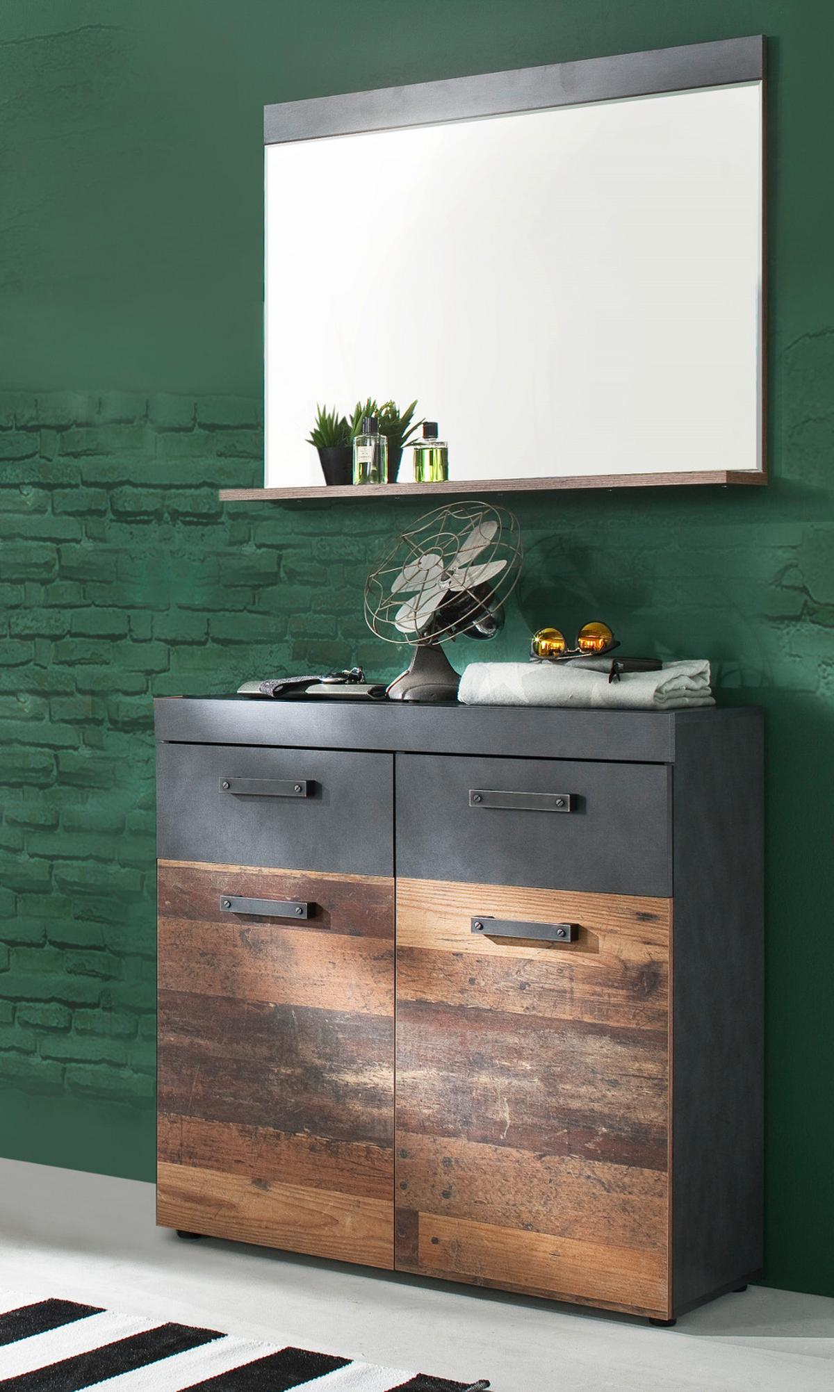 GARDEROBE Old Used Wood mit grau 2-teilig 90 x 192 cm, Set mit Spiegel - Silberfarben/Schwarz, Glas/Holzwerkstoff (90/192/34cm) - Top.Furn