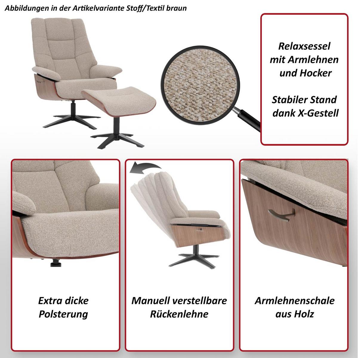 RELAXSESSEL + HOCKER Braun - Braun, Leder (81/105/106cm) - MCW