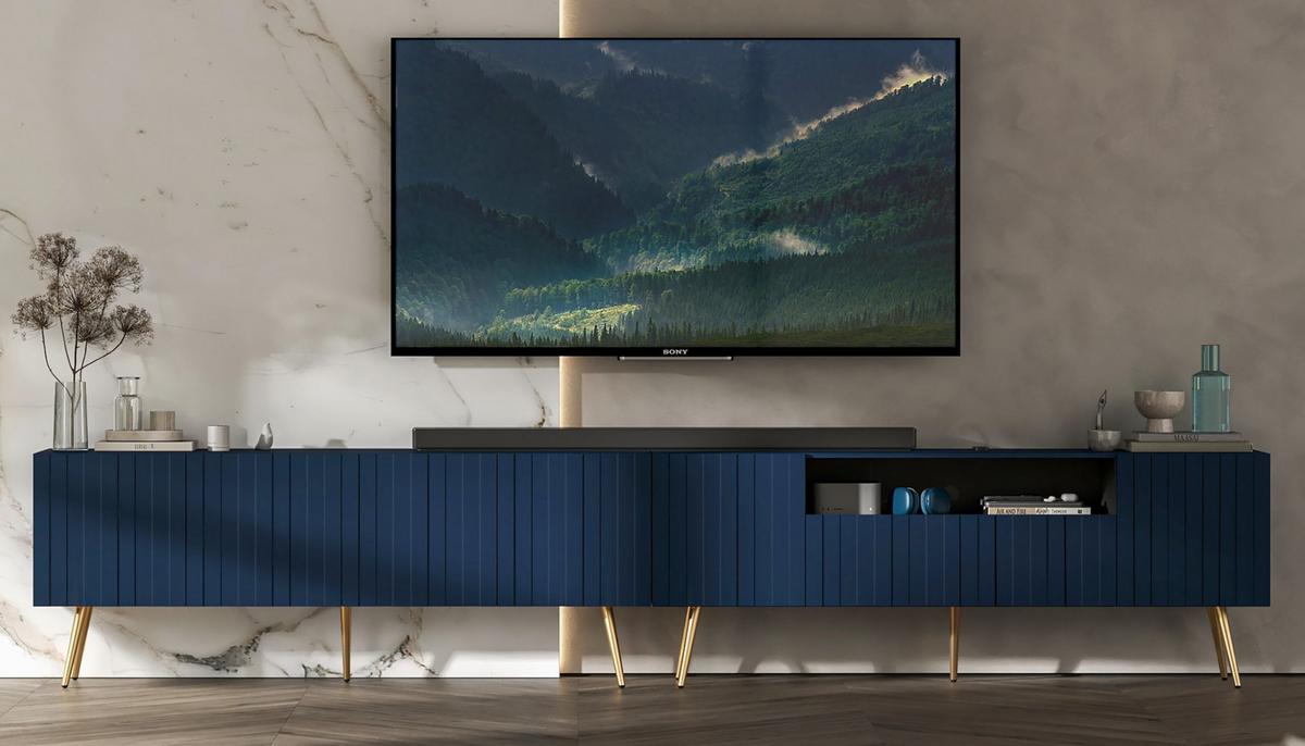 TV-LOWBOARD 2er-Set Elpis2 Marineblau mit goldenen Metallbeinen150 cm - Blau/Goldfarben, Holzwerkstoff (300/60.5/36.5cm) - Meble Lindner