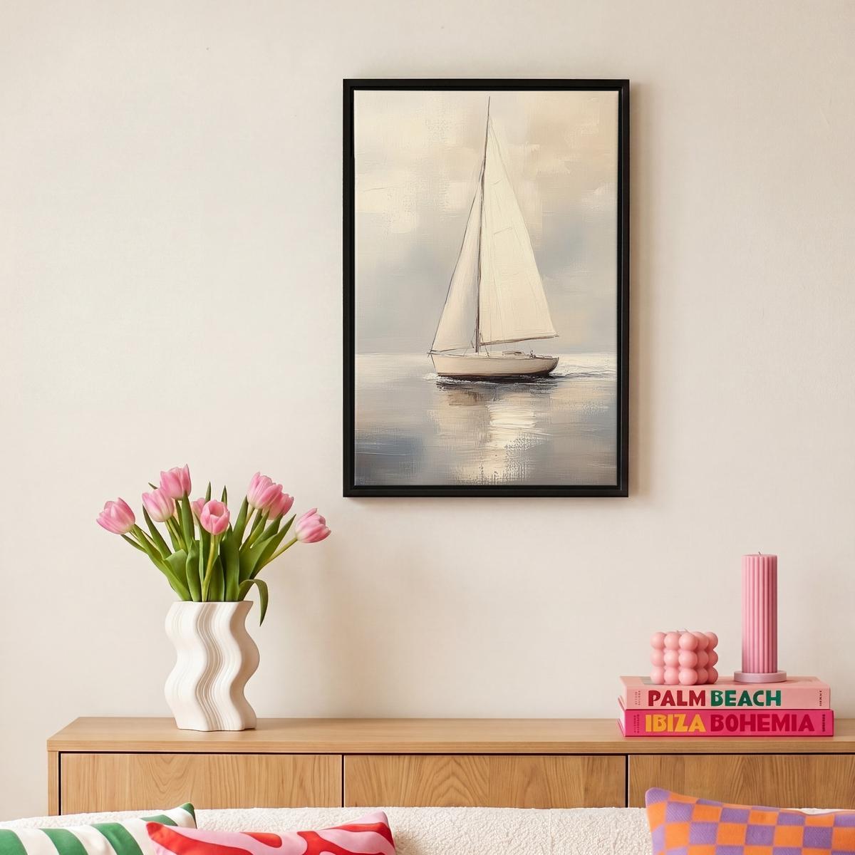 LEINWAND Bilder mit Rahmen - Segelschiff - Meer - Bewölkt - 20x30 - Creme, Textil (20/30cm) - MuchoWow