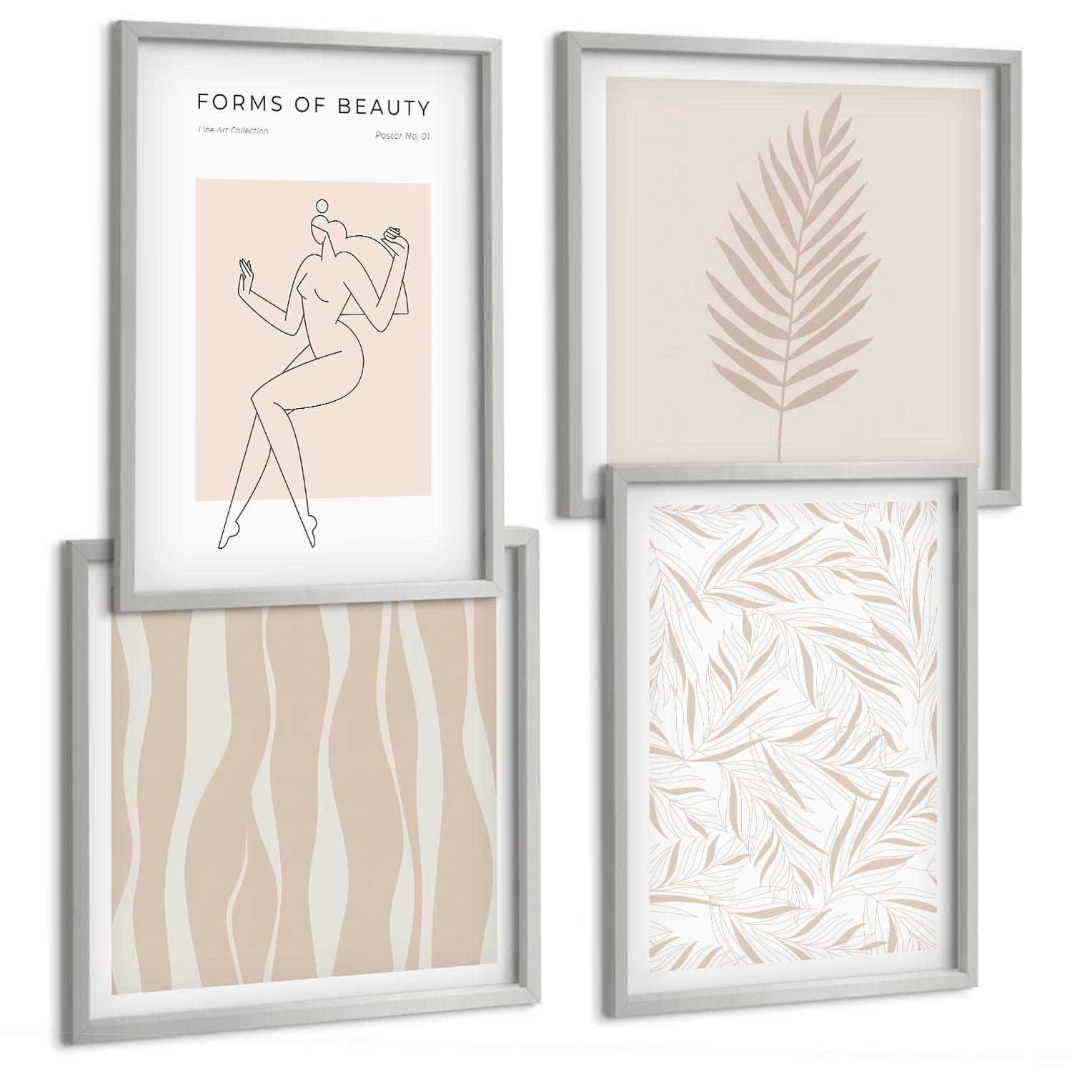 BILDER SET 4er Set - 50x50 cm & 40x60 cm Silberner Rahmen - Minimalistische Pflanzenmotive - Silberfarben, Kunststoff (50/50cm) - TULUP