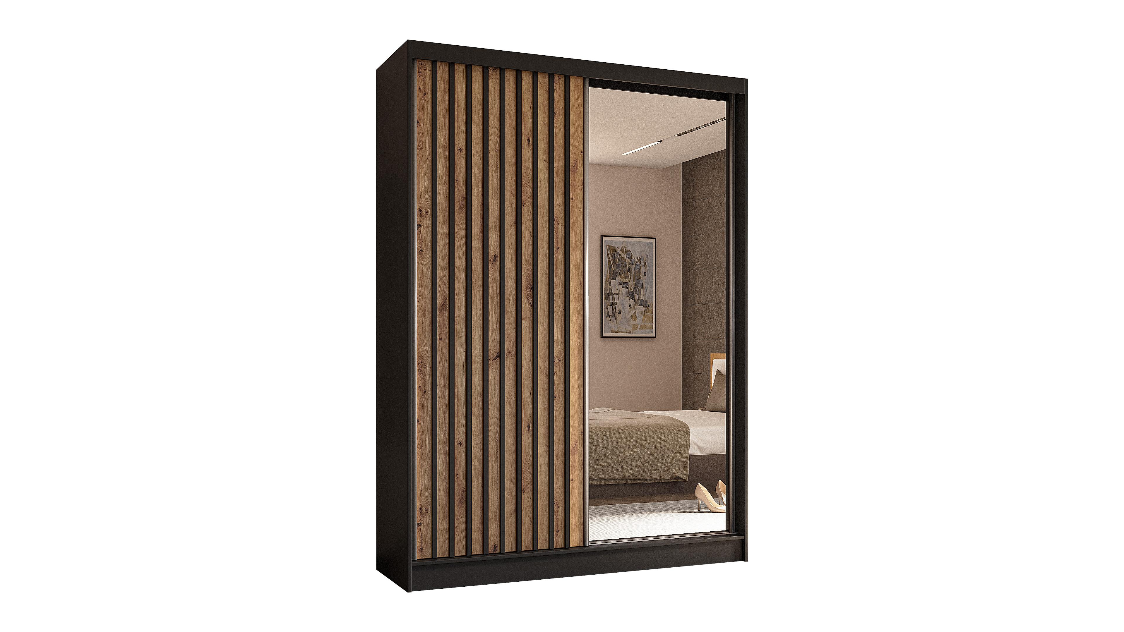 KLEIDERSCHRANK mit Spiegel-Schiebetüren und Aluminium-Leisten, LED-Beleuchtung - LAMELO- 150 cm Schwarz+Artisan+Schwarz - Schwarz, Holzwerkstoff (150/216/61cm) - ALTDECOR