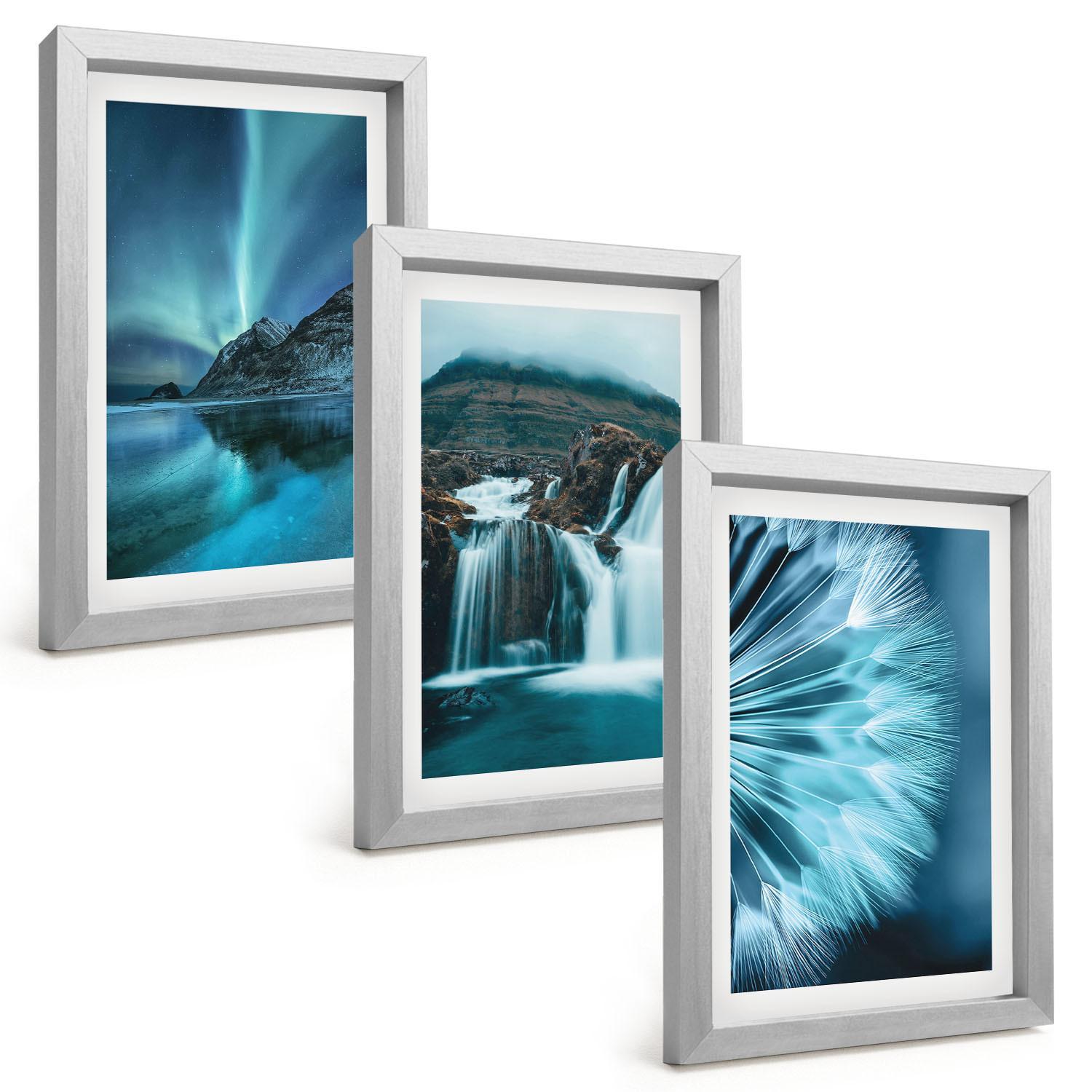 BILDER SET 3er Set - 20x30 cm Silberner Rahmen - Winterlandschaften mit Wasserfällen - Silberfarben, Kunststoff (20/30cm) - TULUP