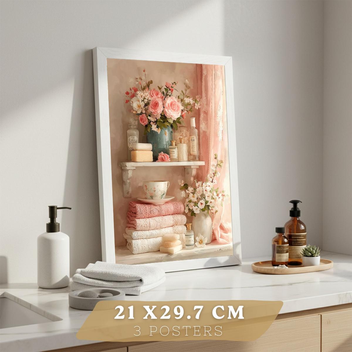POSTER 3er-Set dekorative Badezimmerdrucke, romantischer Vintage-Stil, Bilder mit Rosen, Parfums und Fenster, elegante, Wohndekoration Rahmenlos A4 - Klar, Papier (29.7/21/3cm) - Nacnic