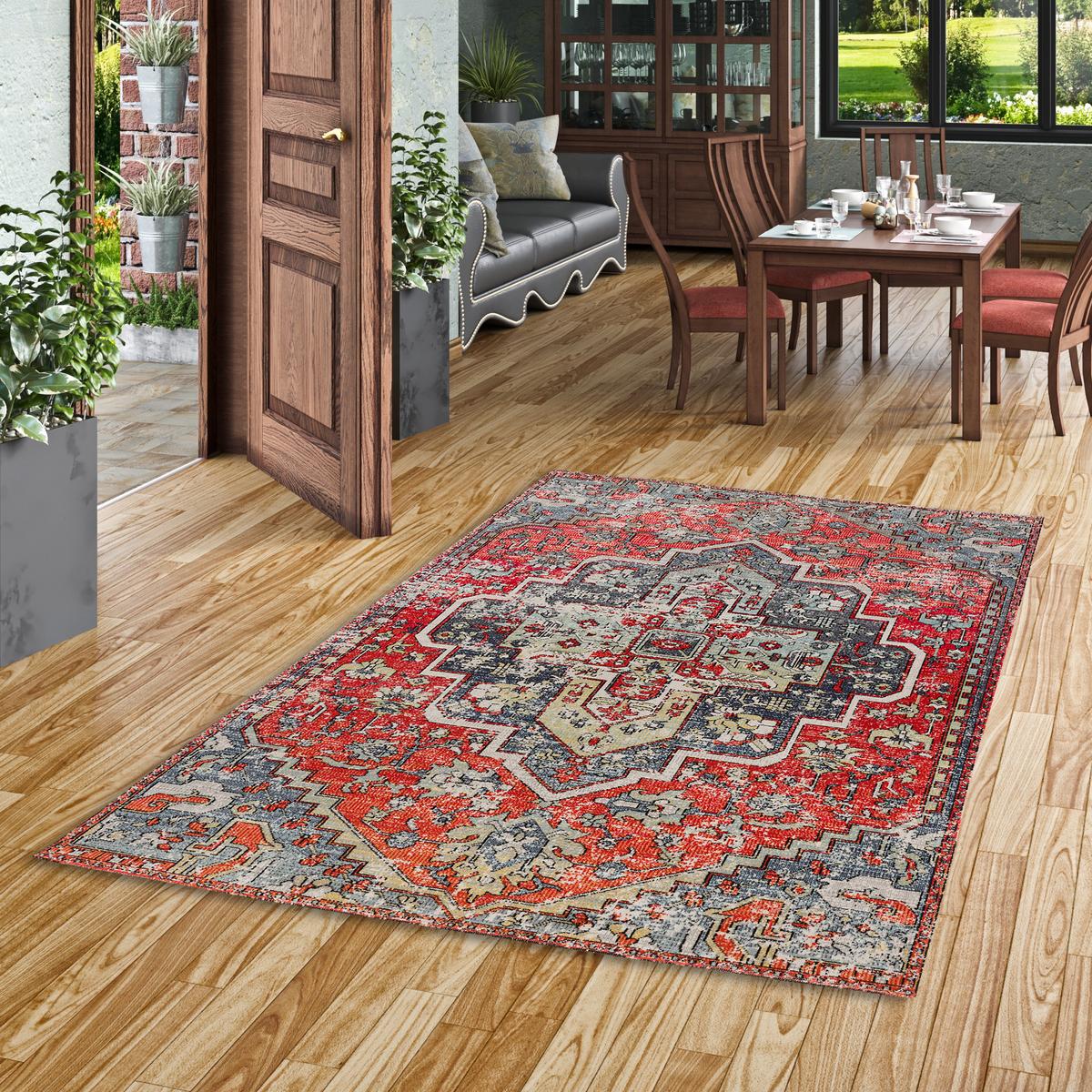 KURZFLOR DESIGNER TEPPICH MODERN VINTAGE ORIENT MUSTER - Blau, Textil (120/170cm) - Pergamon