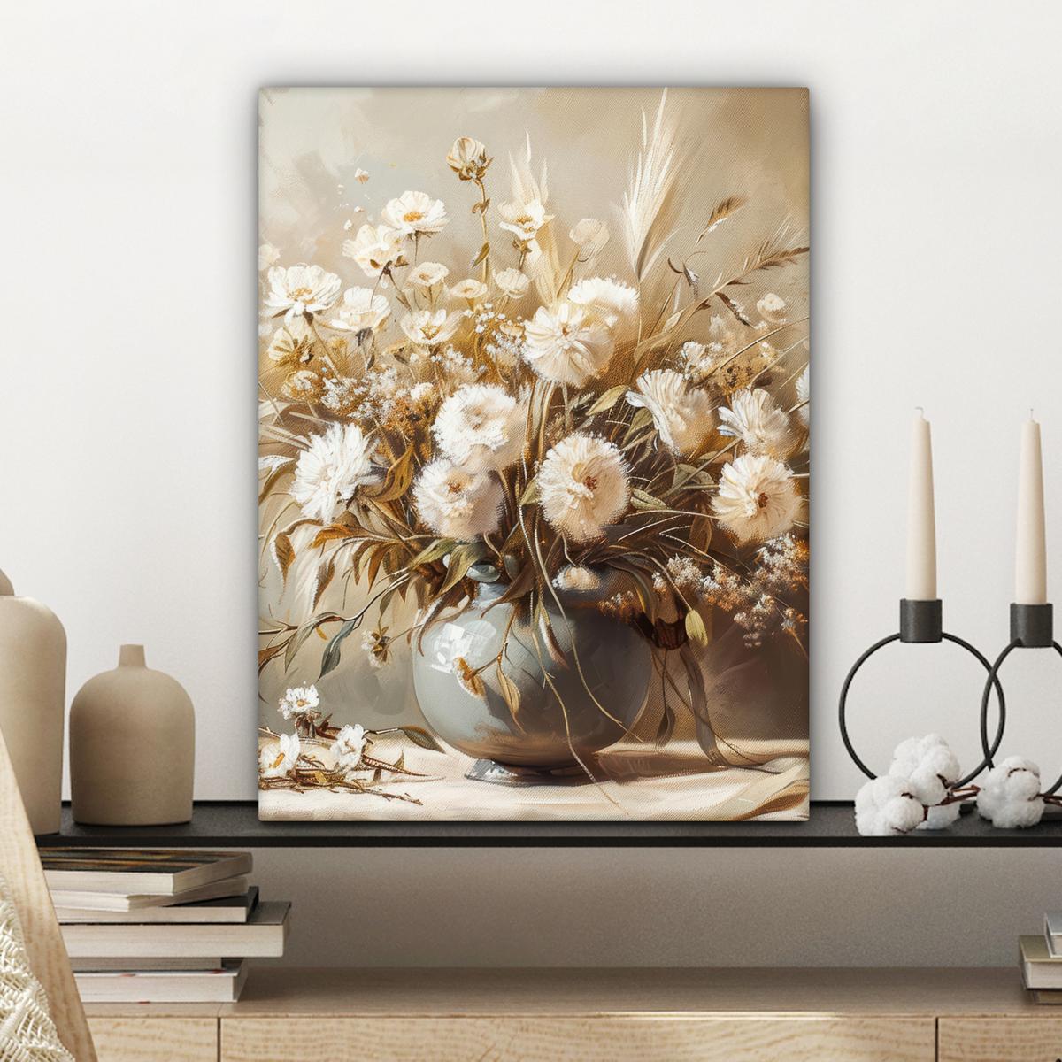 LEINWANDBILD Blumen - Vase - Stilleben - Beige Room Decor 30x40 cm - Creme, Textil (30/40cm) - MuchoWow