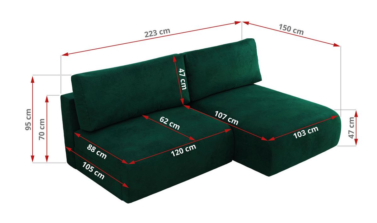 ECKSCHLAFSOFA VIVO L Dunkelgrün Velvet - links - Dunkelgrün/Schwarz, Kunststoff/Textil (223/150cm) - MKS