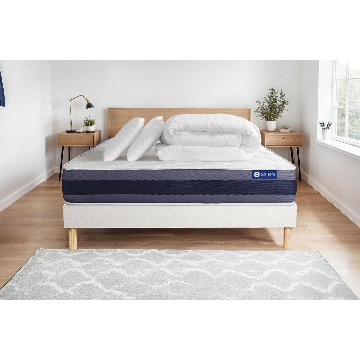 BETT Actilatex morpho Latex und Memory-Schaum 140 x 200 cm h1 - Kit Bettgestell Weiß - Mit Kissen und Bettdecke - Beige/Weiß, Karton/Holz (140/200cm) - ACTISOM