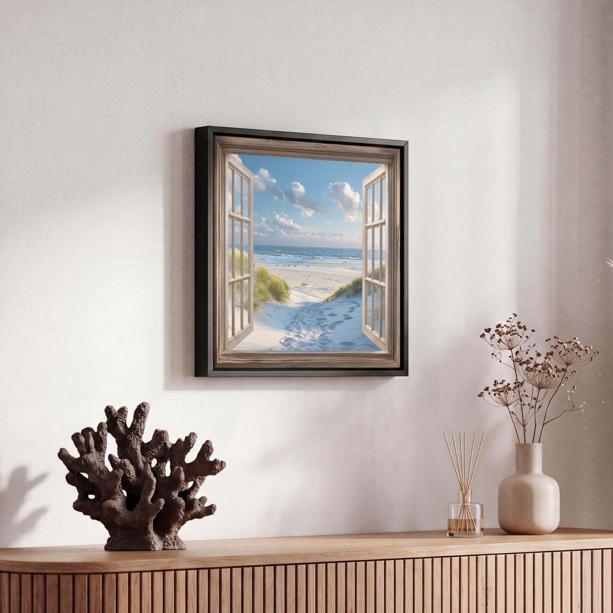 LEINWAND Bilder mit Rahmen - Aussicht - Strand - Fenster - Dünen - Meer - 20x20 - Hellblau, Textil (20/20cm) - MuchoWow