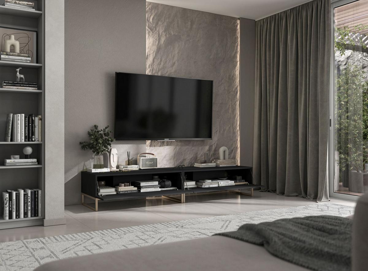 TV-LOWBOARD 2-er Set Elpis Schwarz Matt Glamour 110 cm - Goldfarben/Schwarz, Holzwerkstoff/Metall (220/39/54cm) - Meble Lindner