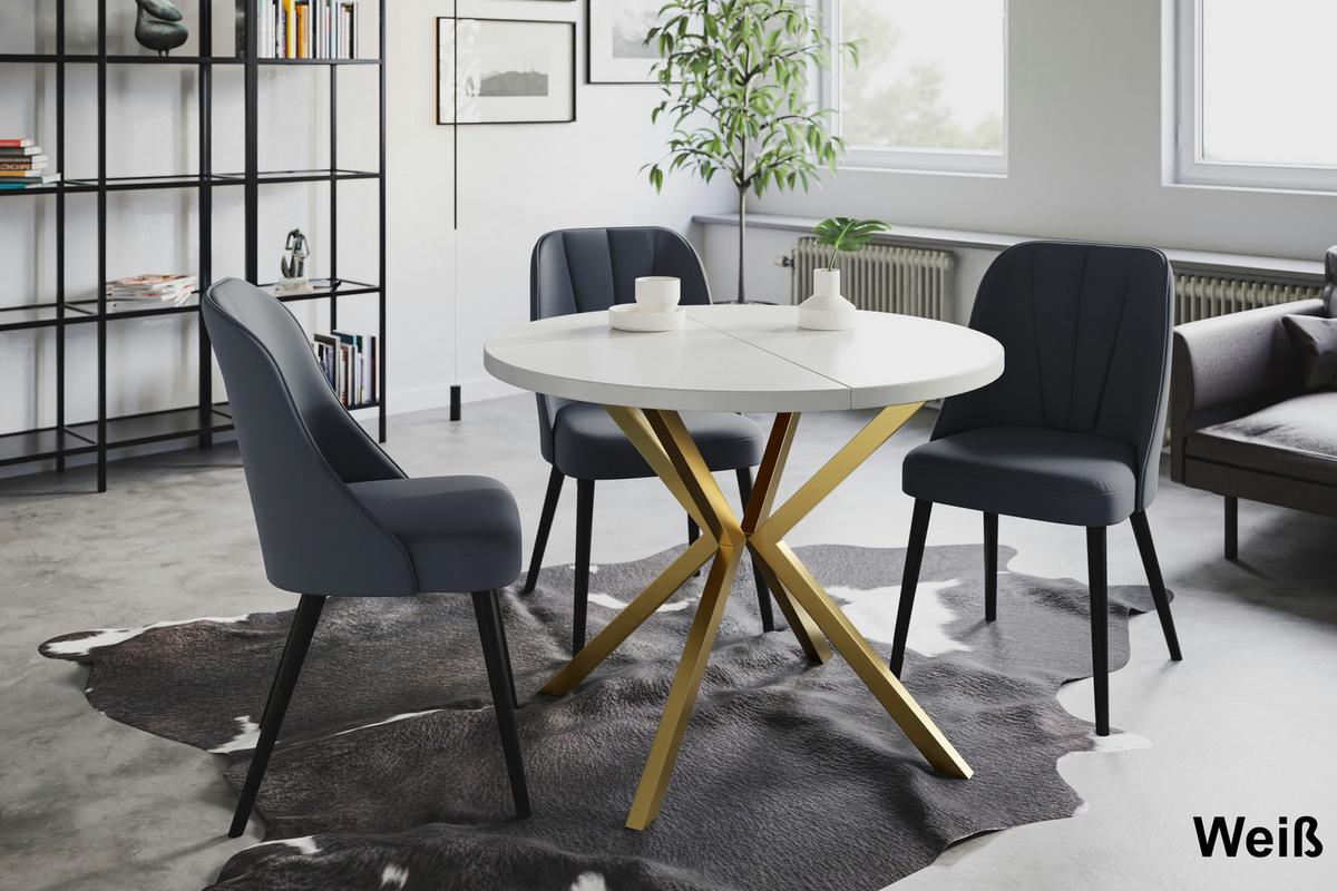 RUNDER Esszimmertisch LOFT LITEN, ausziehbarer Tisch Durchmesser: 100 cm/180 cm, Wohnzimmertisch Farbe: Weiß, mit Metallbeinen in Farbe Gold - Goldfarben/Weiß, Holzwerkstoff (100/100/76cm) - Alpi-Möbel