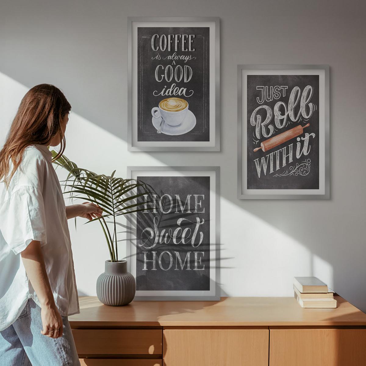 BILDER SET 3er Set - 40x60 cm Silberner Rahmen - Kaffeeroller, heimelige Wärme - Silberfarben, Kunststoff (40/60cm) - TULUP
