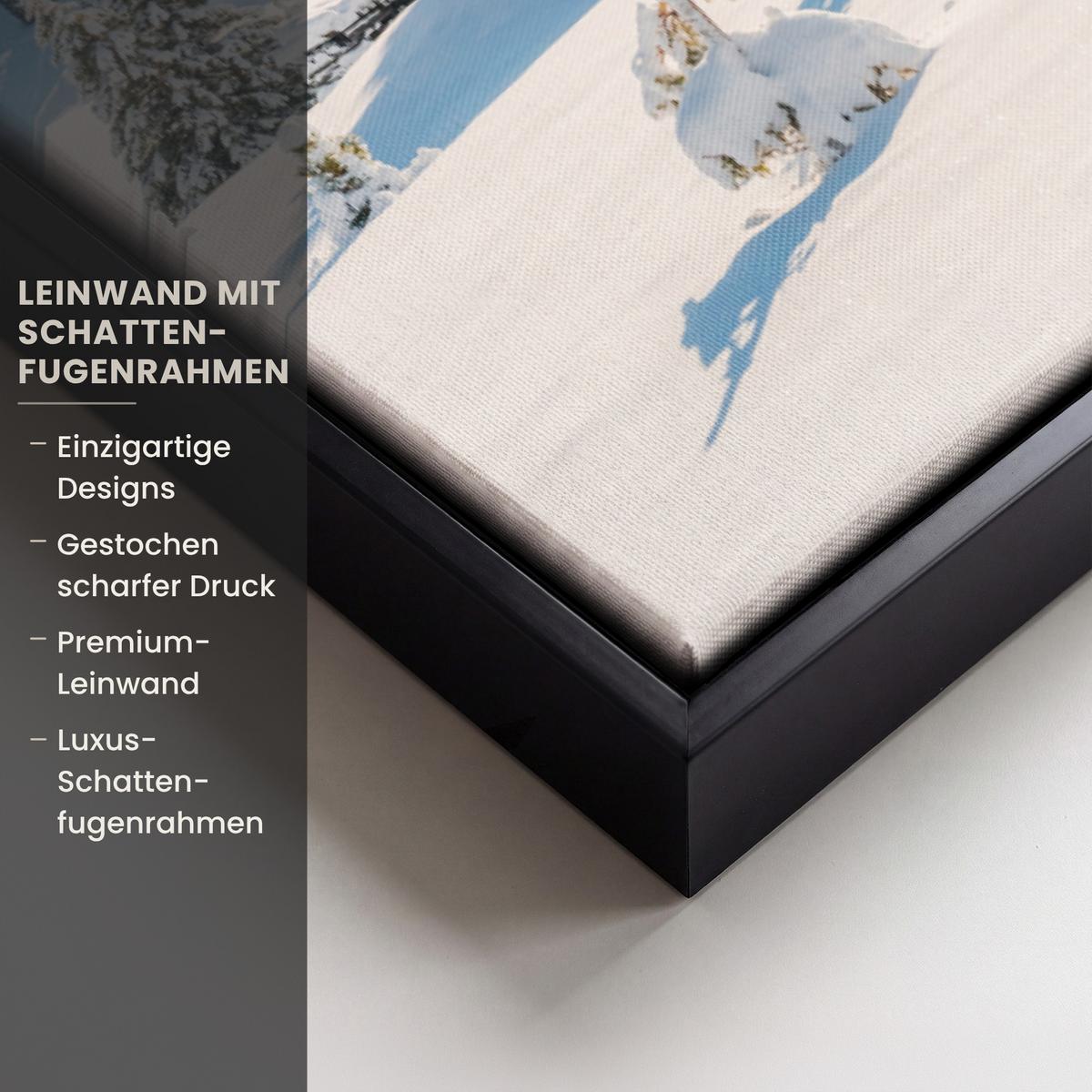 LEINWAND Bilder mit Rahmen - Winter - Hütte - Berge - Aussicht - Schnee - 40x60 - Eichefarben, Textil (40/60cm) - MuchoWow