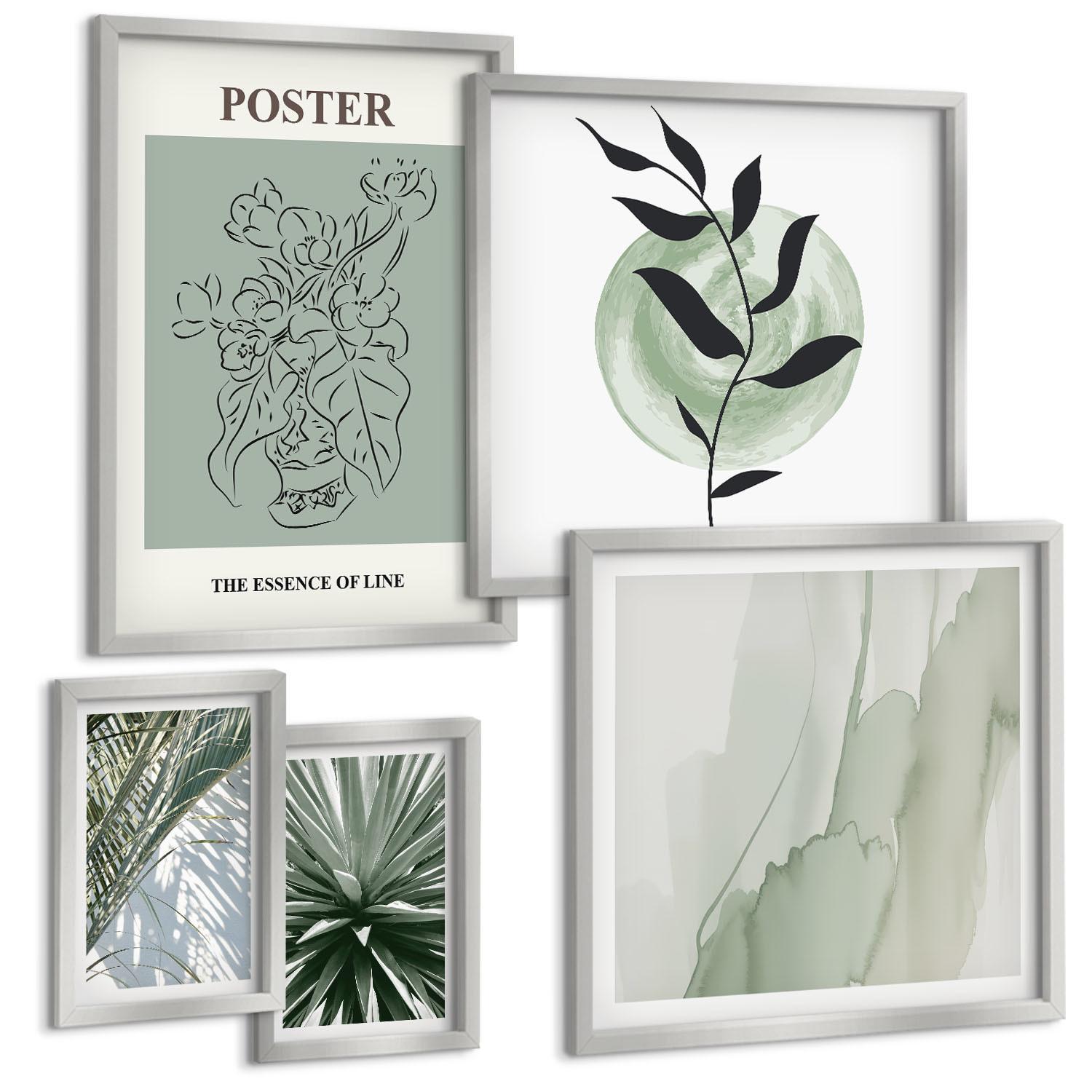 BILDER SET 5er Set - 50x50 cm & 20x30 cm & 40x60 cm Silberner Rahmen - Grün-beige Pflanzenmuster - Silberfarben, Kunststoff (40/60cm) - TULUP