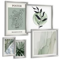BILDER SET 5er Set - 50x50 cm & 20x30 cm & 40x60 cm Silberner Rahmen - Grün-beige Pflanzenmuster - Silberfarben, Kunststoff (40/60cm) - TULUP