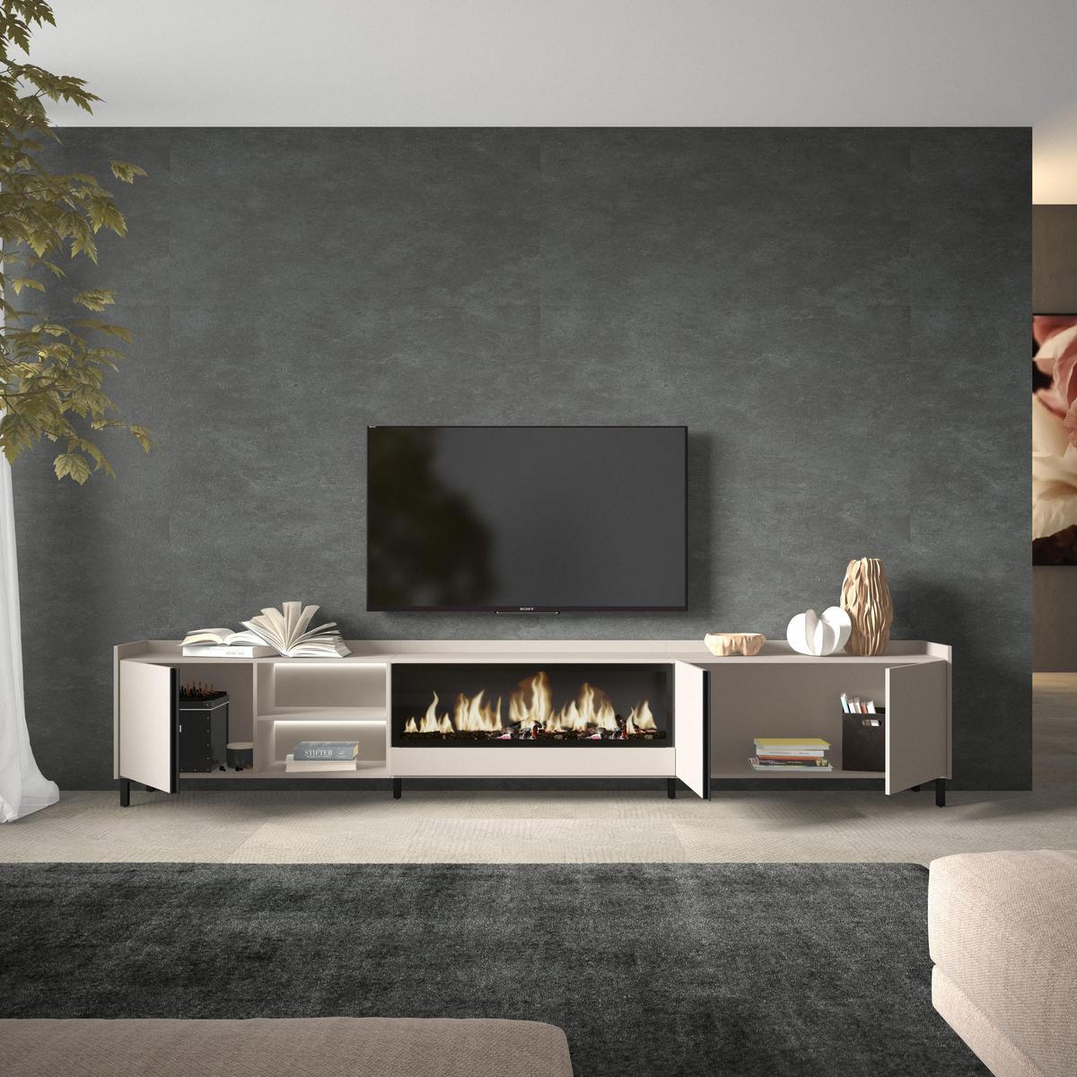 LOWBOARD, Beige, 315/35/61cm, Kamin mit Feuereffekt XXL - Beige, Holzwerkstoff (315/61/35cm) - Skraut Home