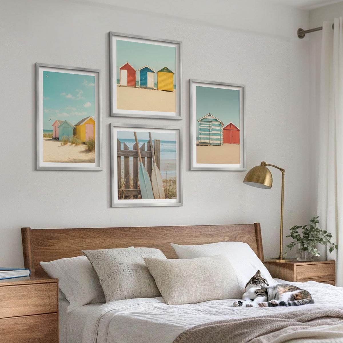 BILDER SET 4er Set - 50x50 cm & 40x60 cm Silberner Rahmen - Bunte Häuser, Strand, Sonne - Silberfarben, Kunststoff (50/50cm) - TULUP