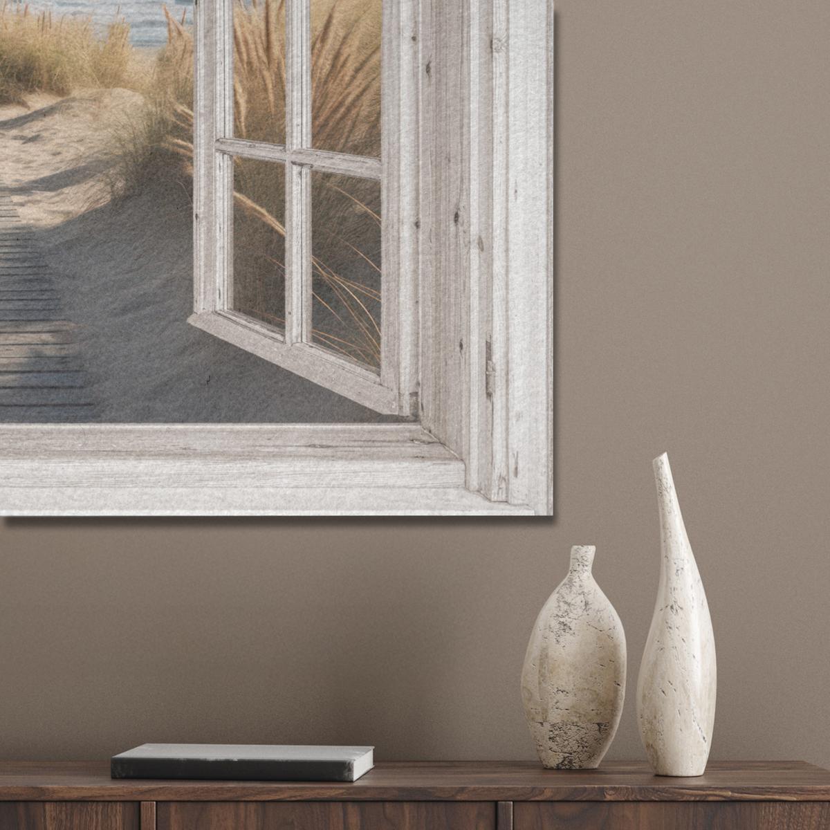 AKUSTIKBILD Fenster - Meer - Küste - Natur - Ausblick - Strand - Wattenmeer Gemälde 80x60 cm - Beige, Kunststoff (80/60/0.9cm) - MuchoWow
