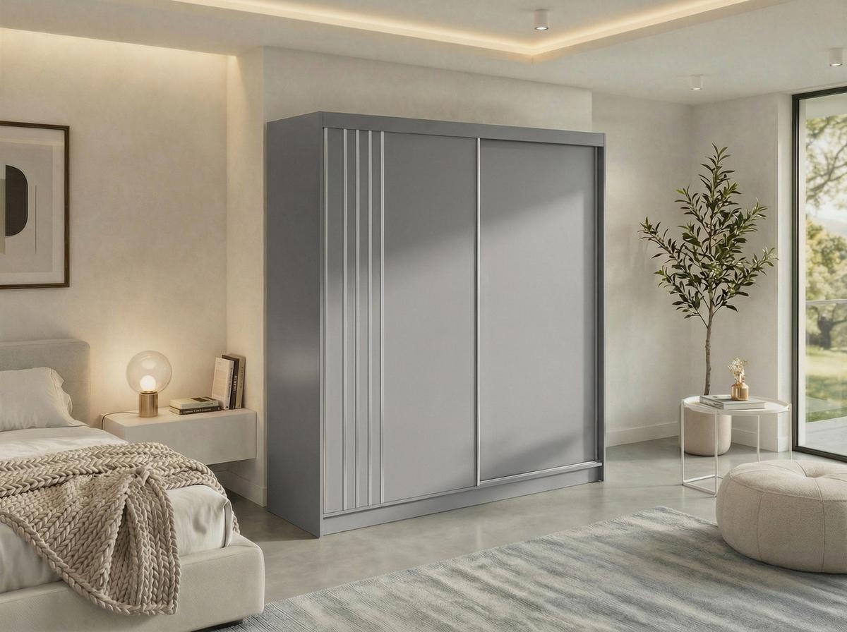 SCHWEBETÜRENSCHRANK mit Lamellen und Schubladen NAURU - 200 - Grau und Weiß - Alufarben/Weiß, Holzwerkstoff/Metall (200/216/61cm) - MKS