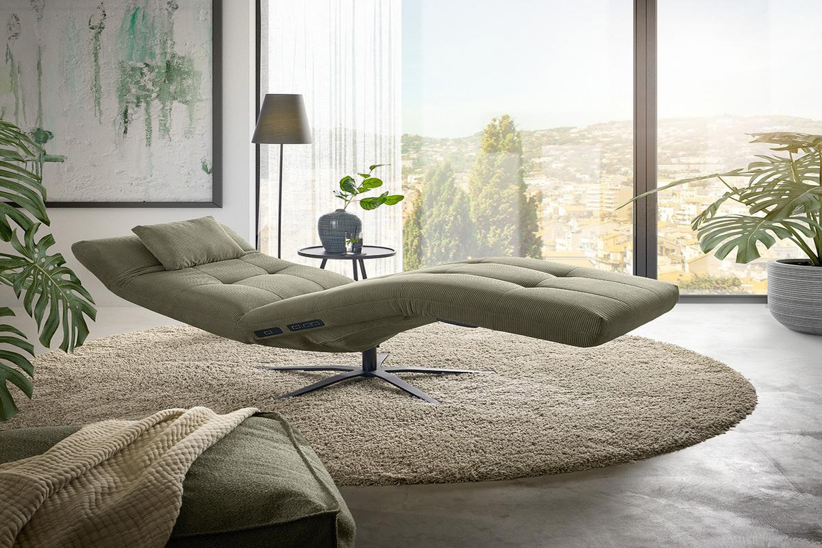 RELAXLIEGE LETICIA Grün Cord Drehbar (360°), Relaxfunktion - Schwarz/Olivgrün, Textil/Metall (82/115/156cm) - KAWOLA
