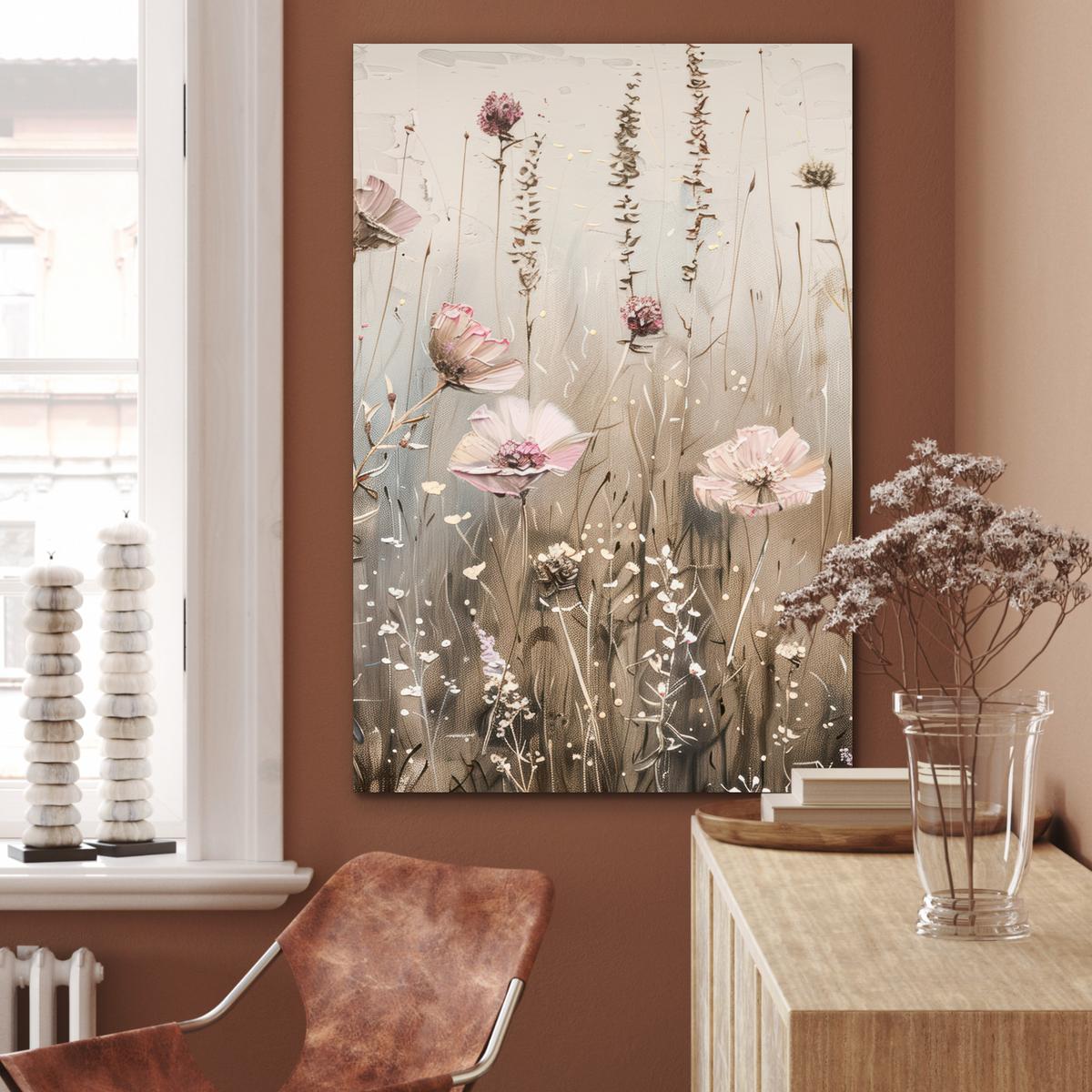 METALLBILD Blumen - Rosa - Modern - Beige 80x120 cm - Beige, Metall (80/120cm) - MuchoWow